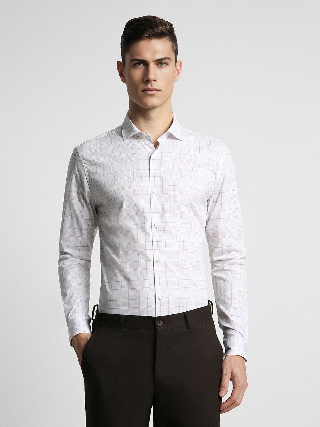 

Peter England Slim Fit Grid Tattersall Checks Formal Shirt, White