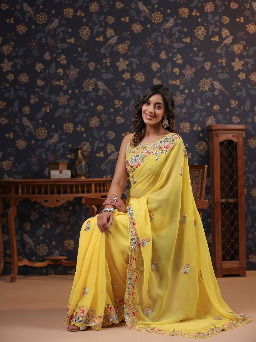 

House of Pataudi Floral Embroidered Sarees, Yellow