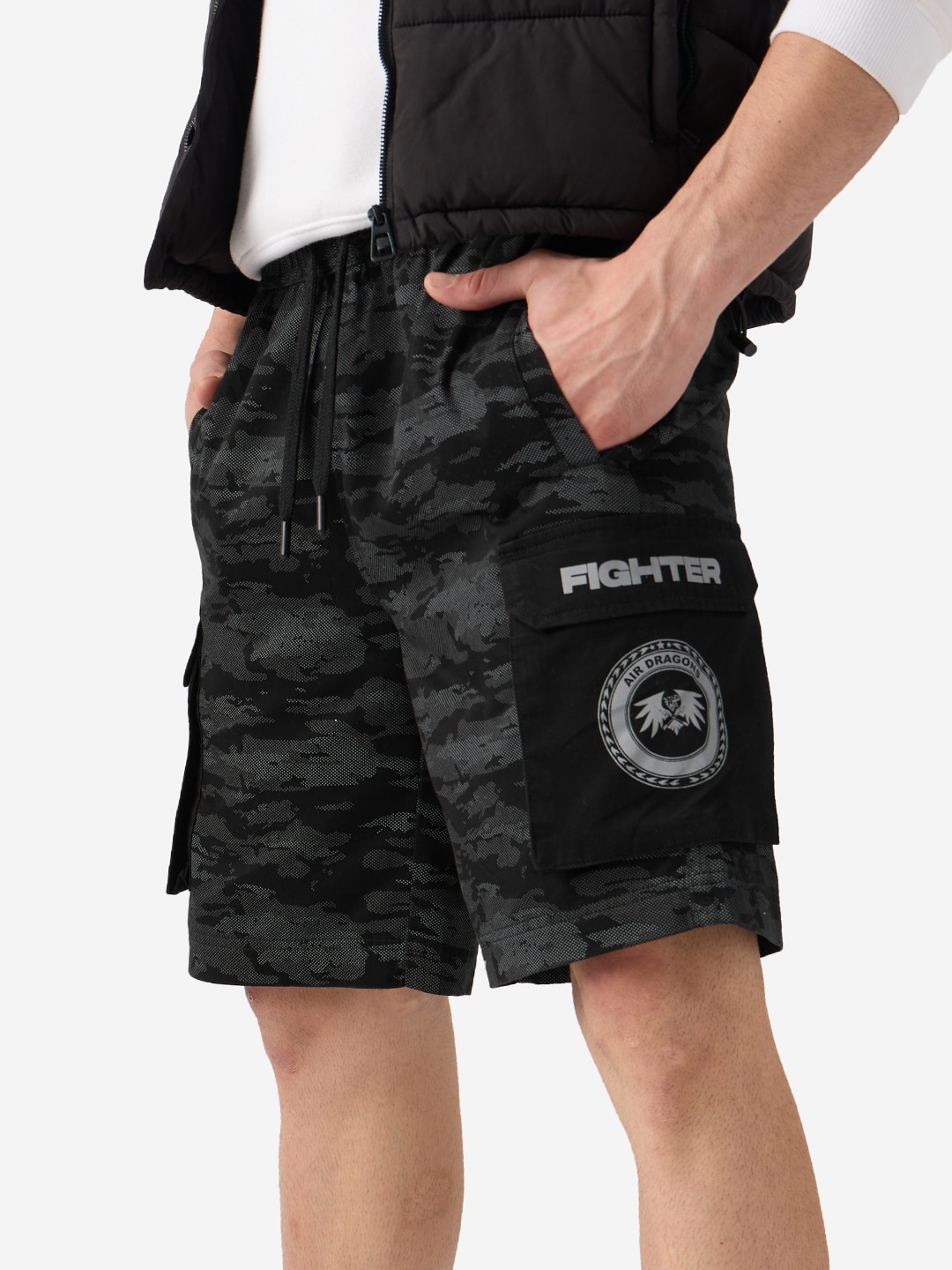 

The Souled Store Men Black Camouflage Printed Pure Cotton Shorts
