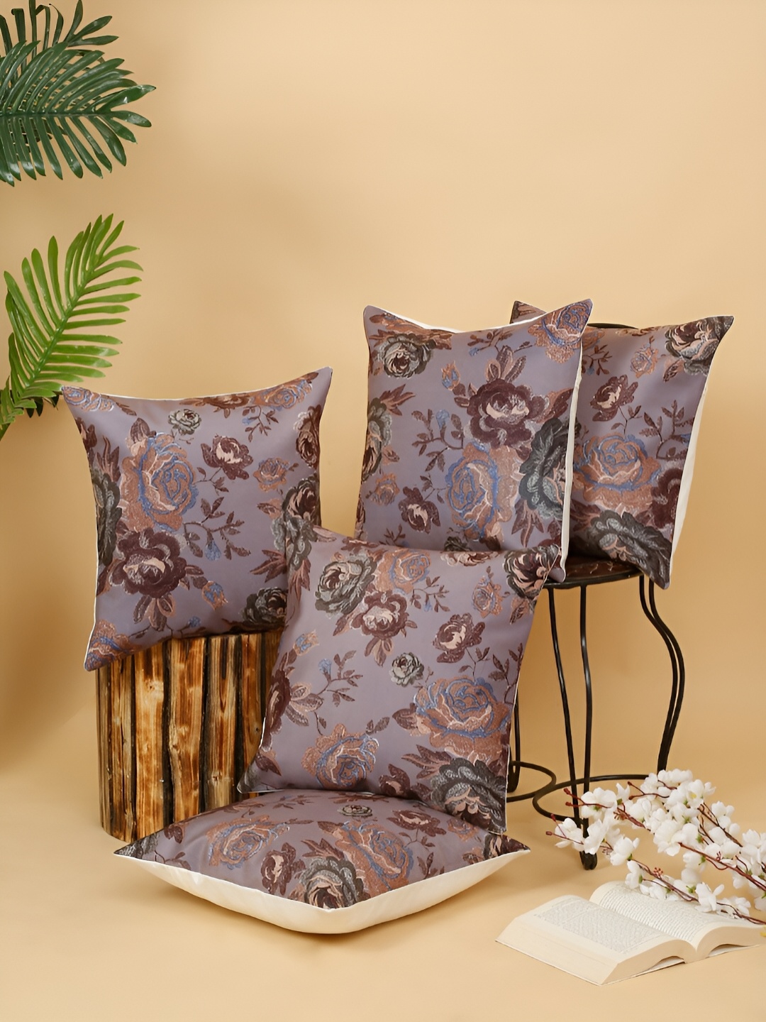 

DREAM WEAVERZ Purple & Blue 5 Pcs Floral Velvet Square Cushion Covers