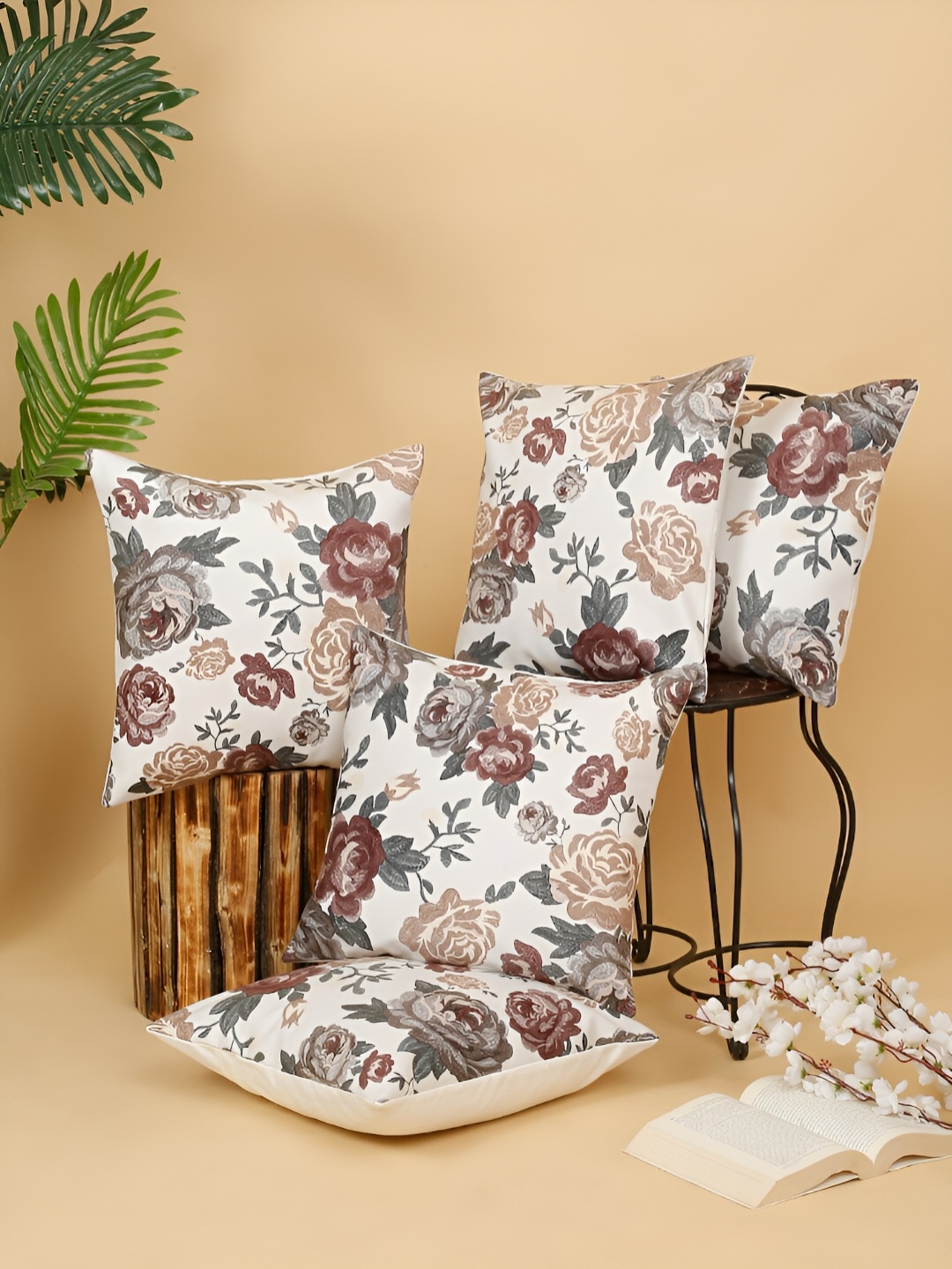 

DREAM WEAVERZ White & Brown 5 Pcs Floral Velvet Square Cushion Covers
