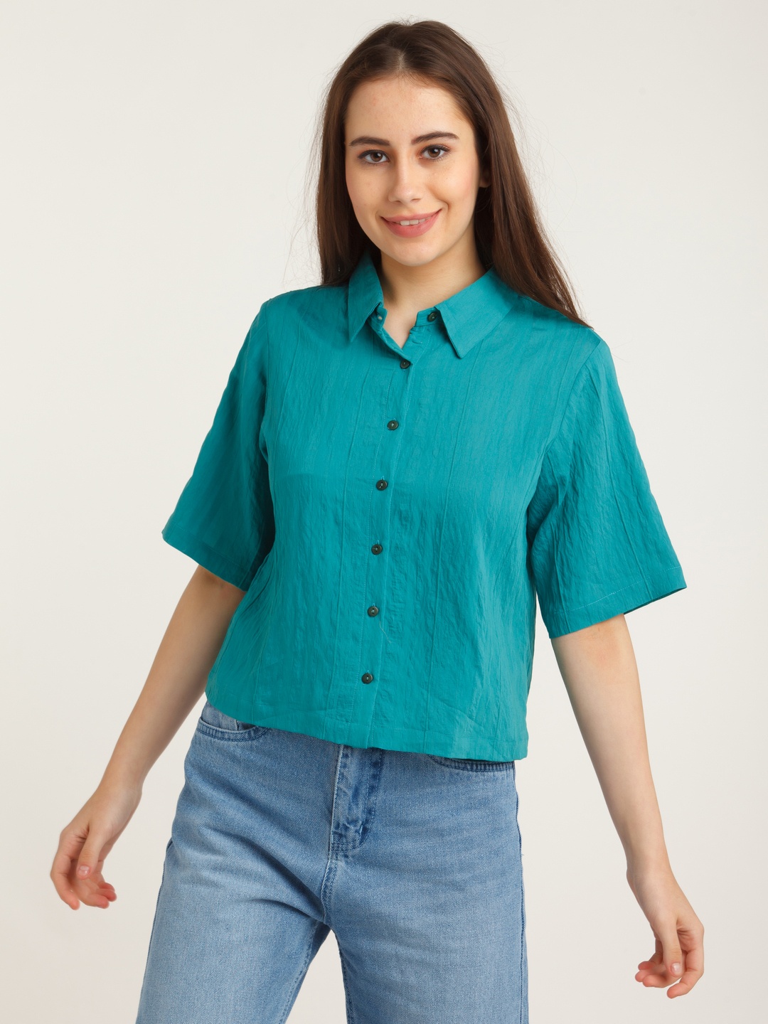 

Zink London Spread Collar Short Sleeves Casual Shirt, Teal