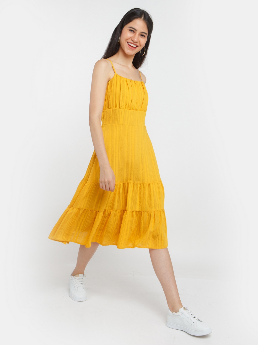 

Zink London Shoulder Straps Tiered Linen Fit & Flare Midi Dress, Yellow