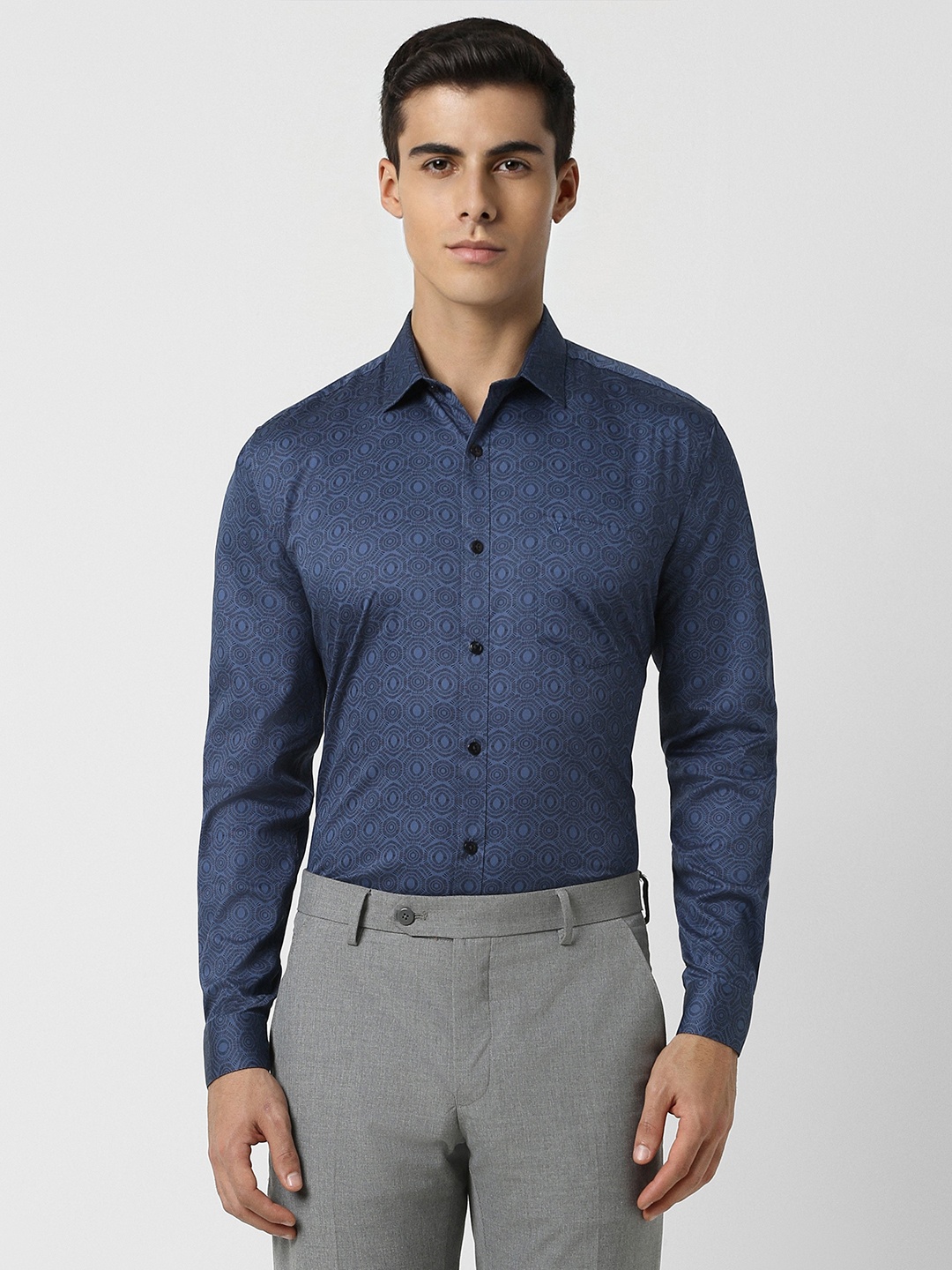 

V Dot Slim Fit Floral Printed Pure Cotton Formal Shirt, Navy blue