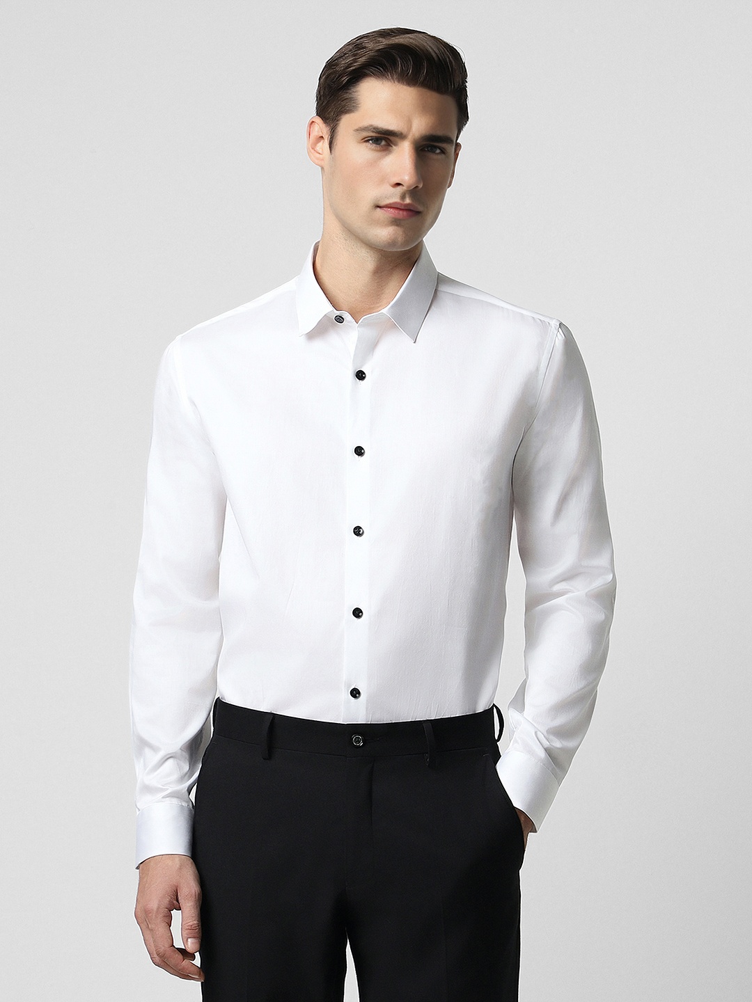 

V Dot Slim Fit Spread Collar Pure Cotton Formal Shirt, White