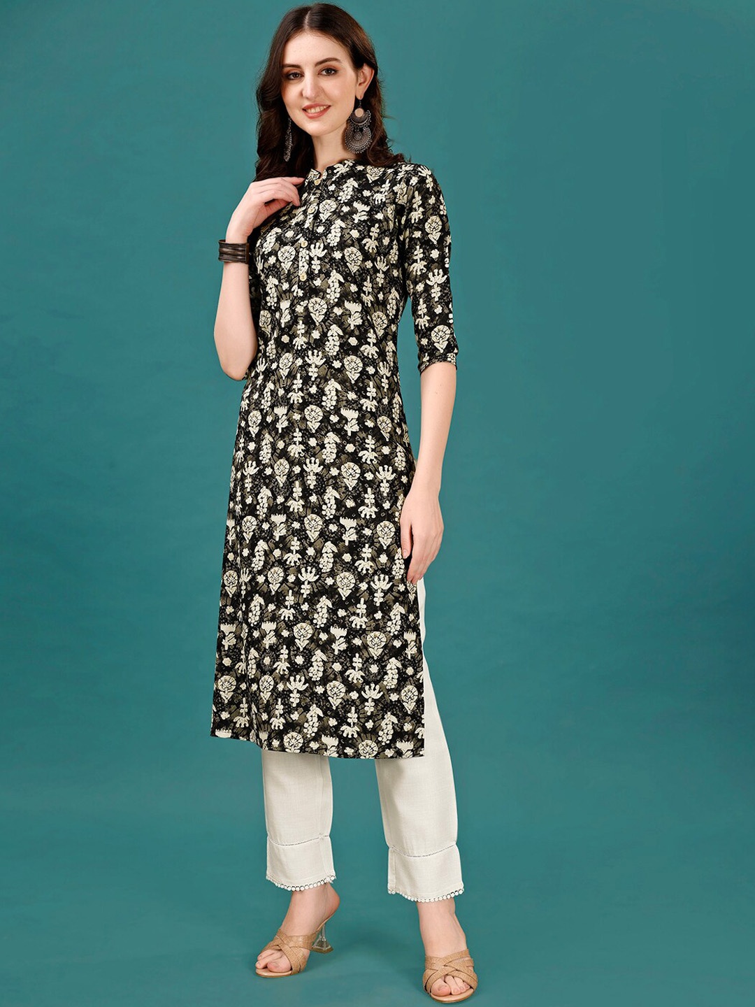 

KALINI Ethnic Motifs Printed Straight Kurta, Black