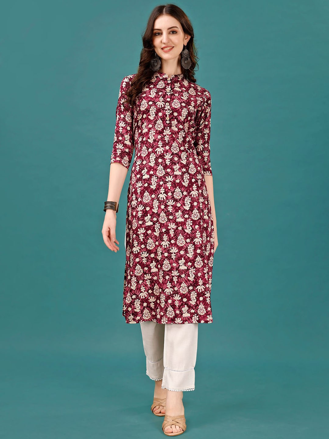 

KALINI Ethnic Motifs Printed Mandarin Collar Kurta, Purple