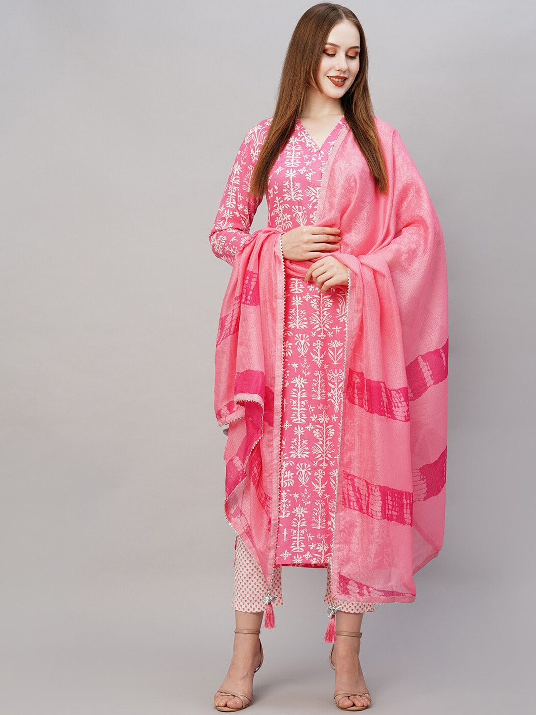 

KALINI Floral Printed Regular Kurta With Trousers & Dupatta, Pink