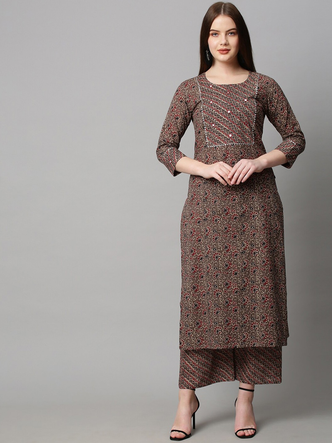 

KALINI Ethnic Motifs Printed Gotta Patti Straight Kurta With Palazzos, Brown