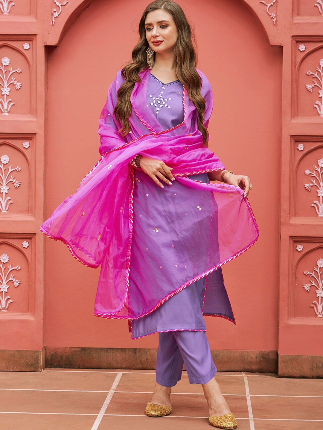 

KALINI Geometric Embroidered Mirror Work V-Neck Kurta with Trousers & With Dupatta, Purple