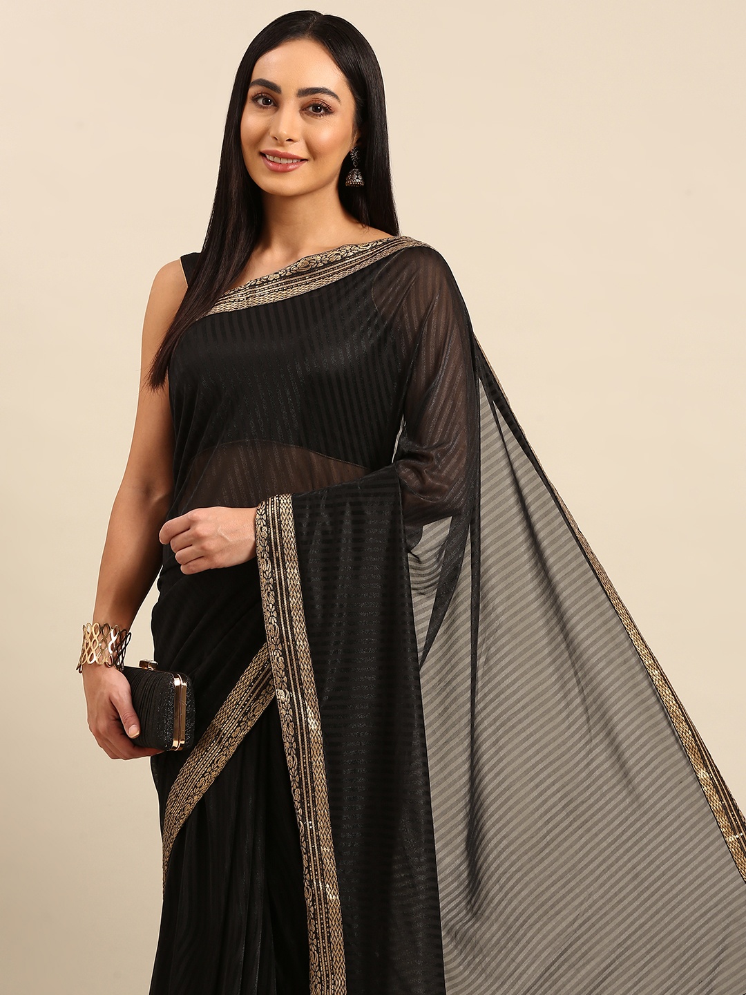 

HERE&NOW Striped Zari Saree, Black