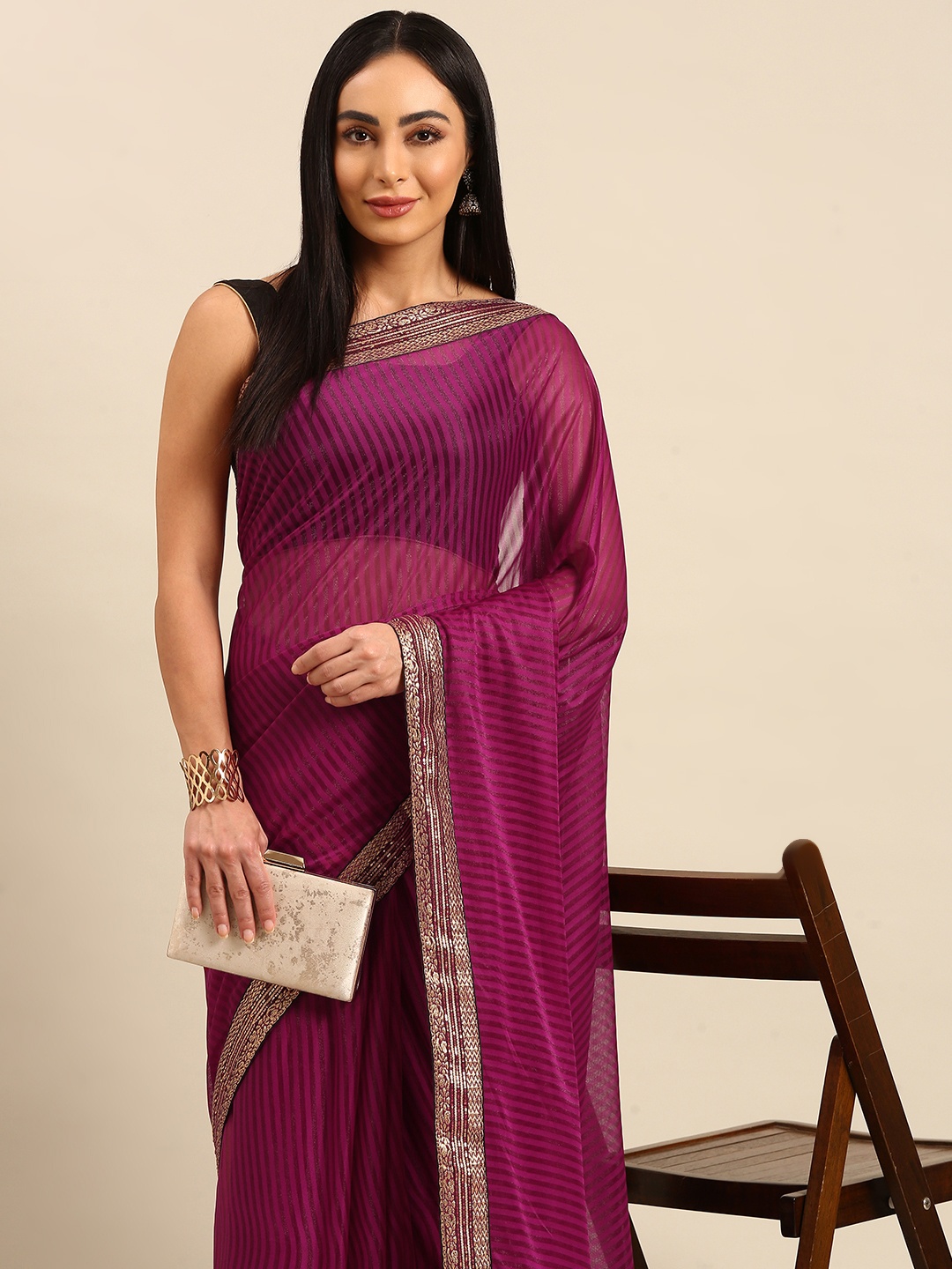 

HERE&NOW Striped Zari Saree, Pink