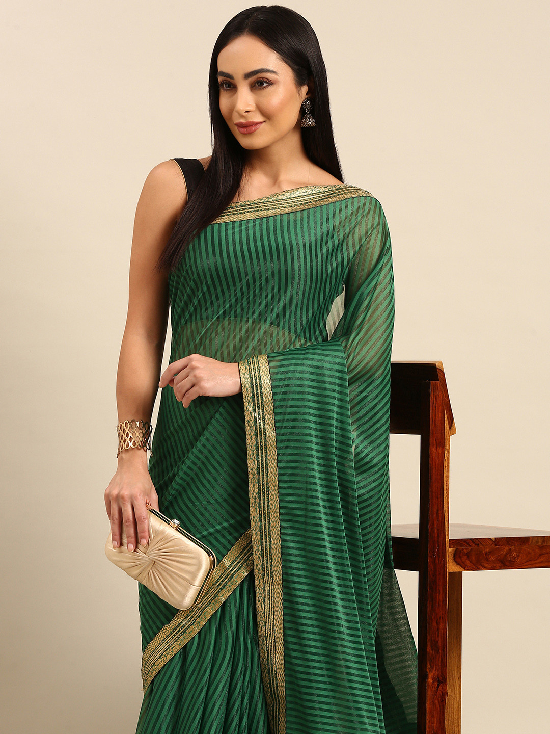 

HERE&NOW Striped Zari Saree, Green