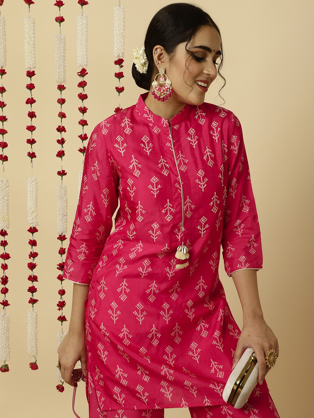 

Jaipur Kurti Bandhani Printed Kantha Work Pure Silk Top With Palazzo, Fuchsia