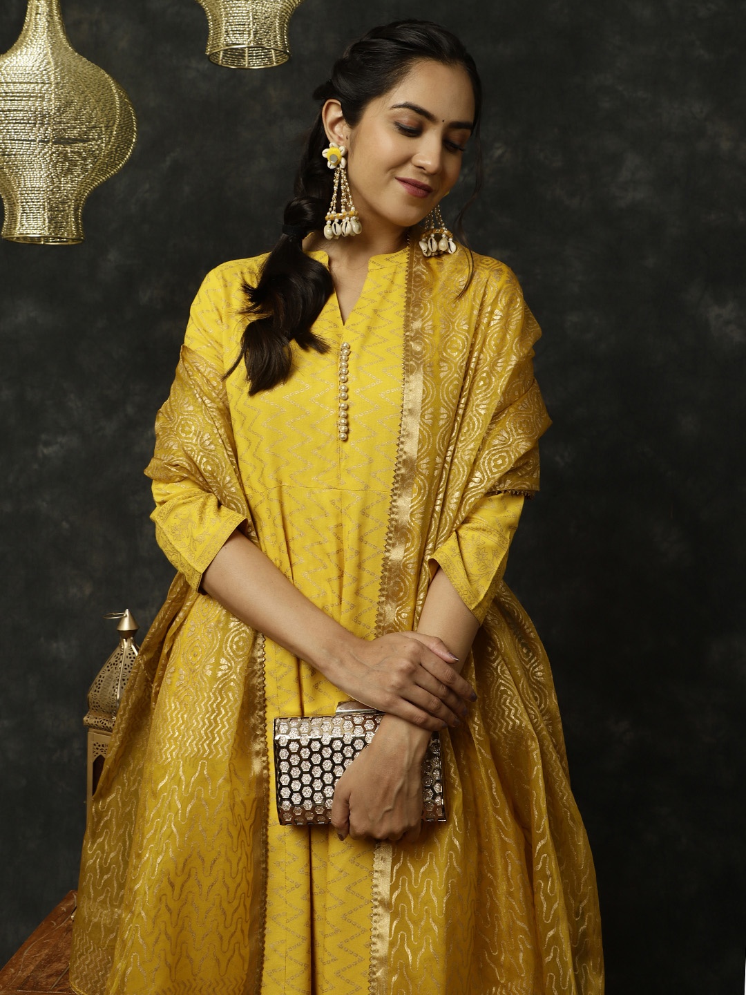 

Jaipur Kurti Chevron Printed Kurta With Trouser & Dupatta, Mustard