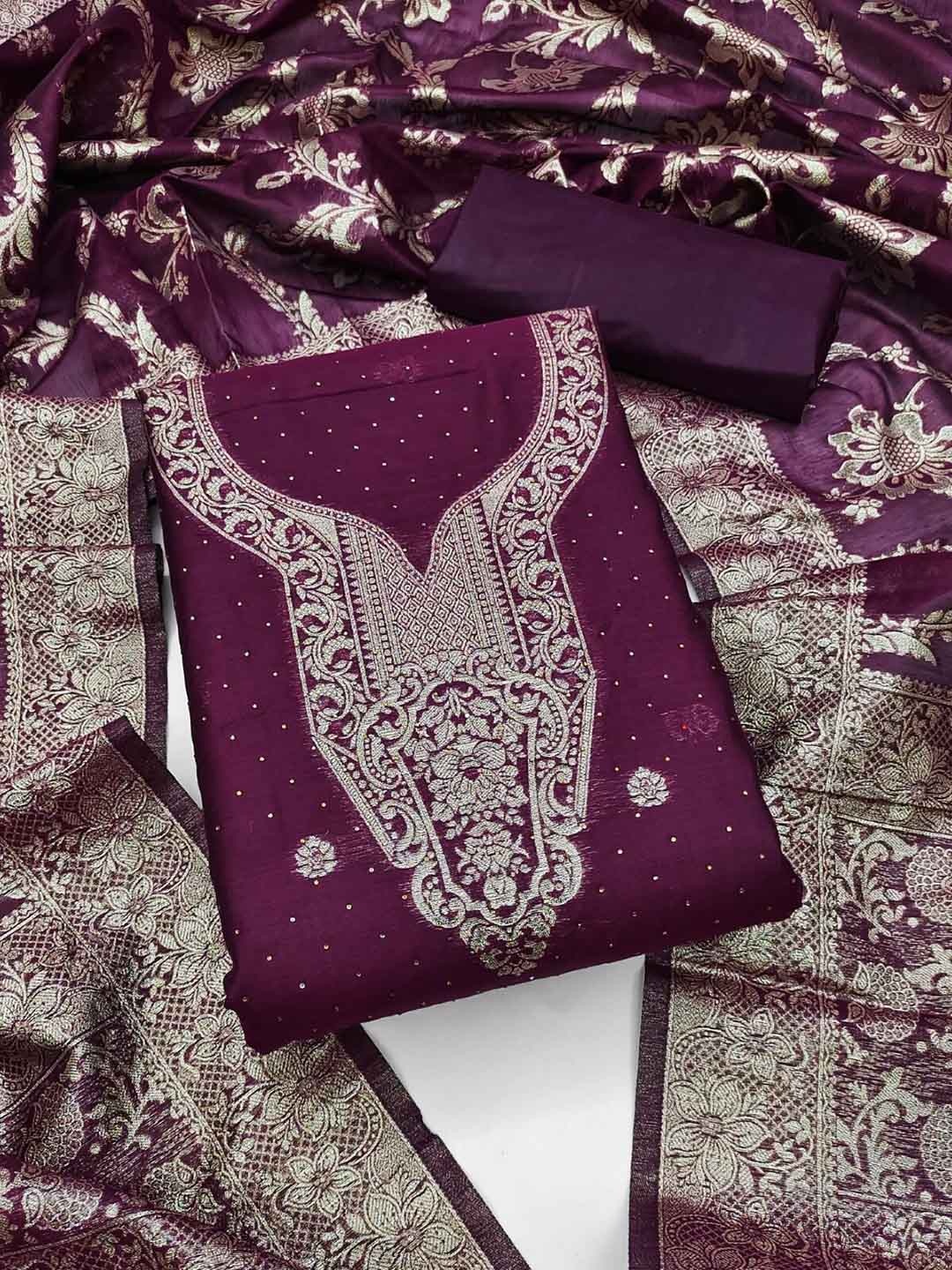 

Panzora Ethnic Motifs Woven Design Banarasi Silk Unstitched Dress Material, Purple