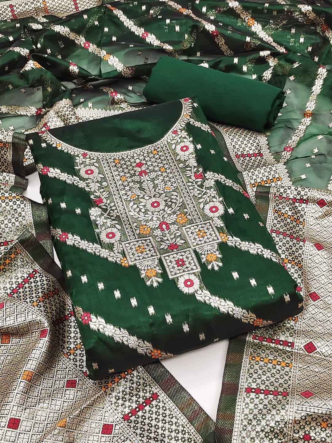 

LeeliPeeri Designer Ethnic Motifs Woven Design Unstitched Dress Material, Green
