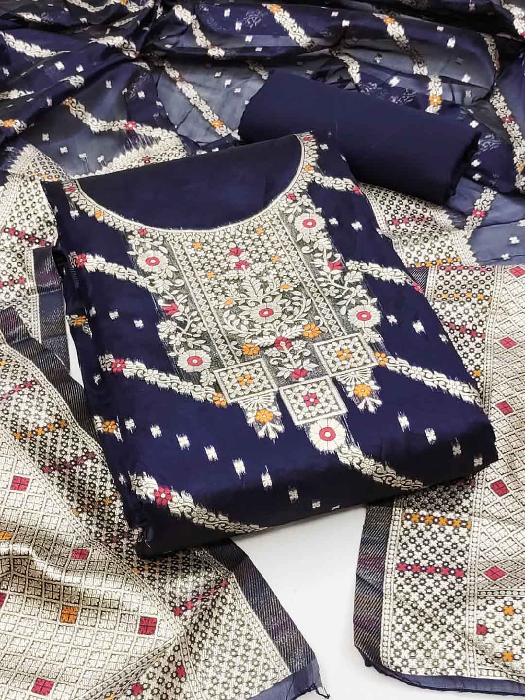 

LeeliPeeri Designer Ethnic Motifs Woven Design Unstitched Dress Material, Navy blue