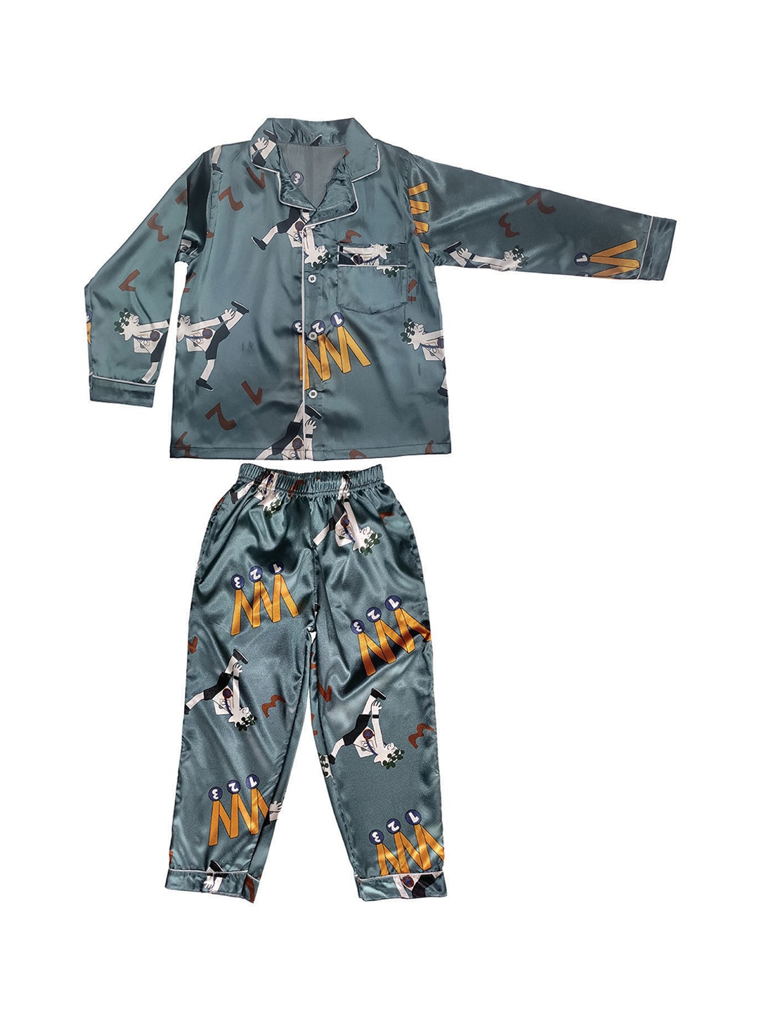 

Zoom Minimondo Kids Graphic Printed Lapel Collar Satin Night suit, Grey