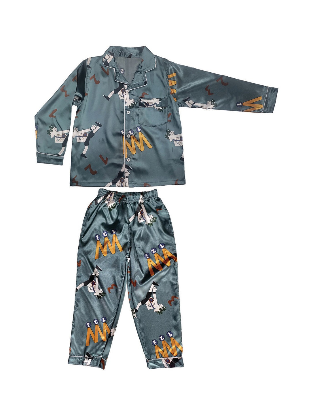 

Zoom Minimondo Kids Graphic Printed Lapel Collar Satin Night suit, Grey