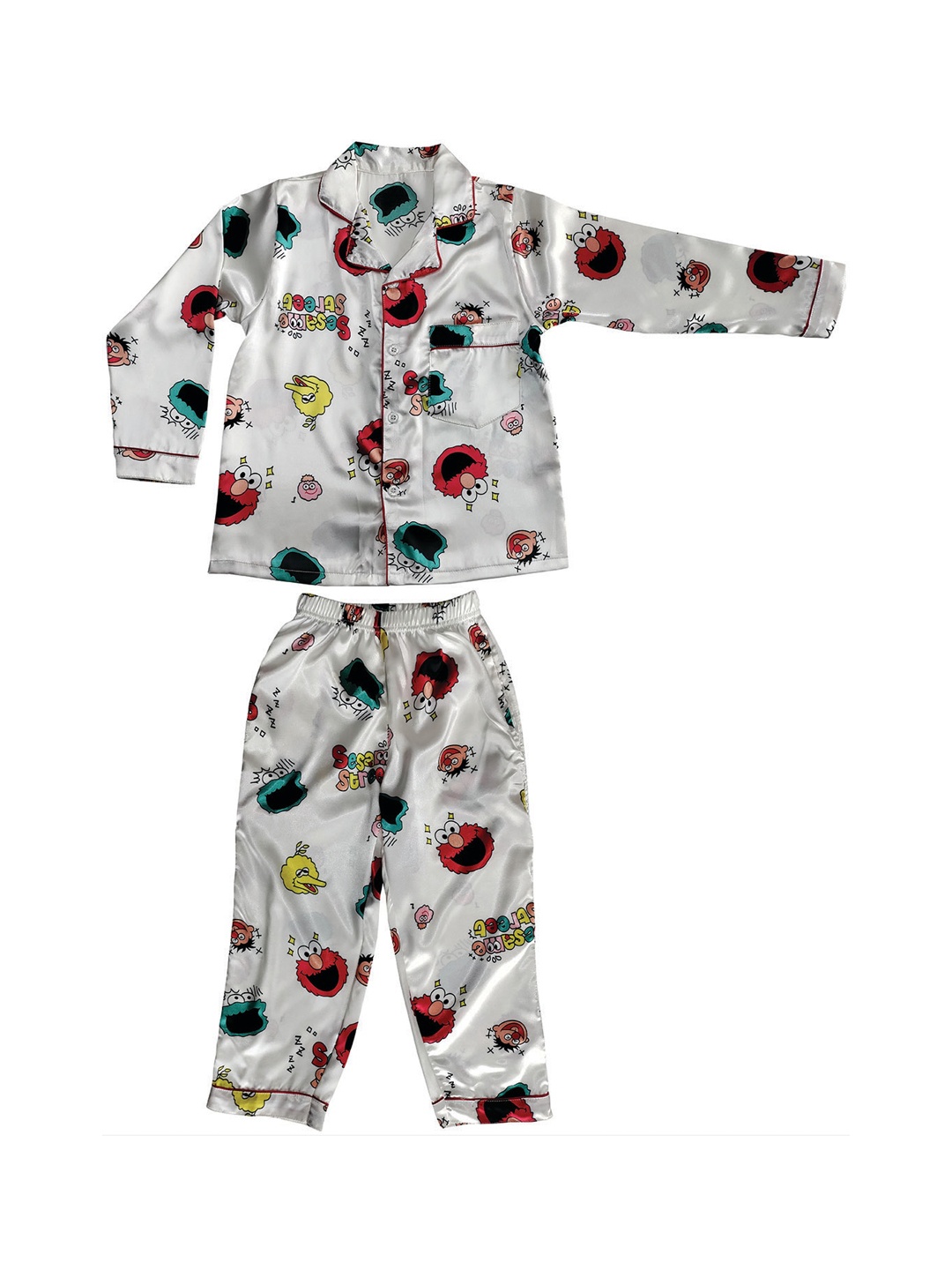 

Zoom Minimondo Kids Graphic Printed Lapel Collar Satin Night suit, White