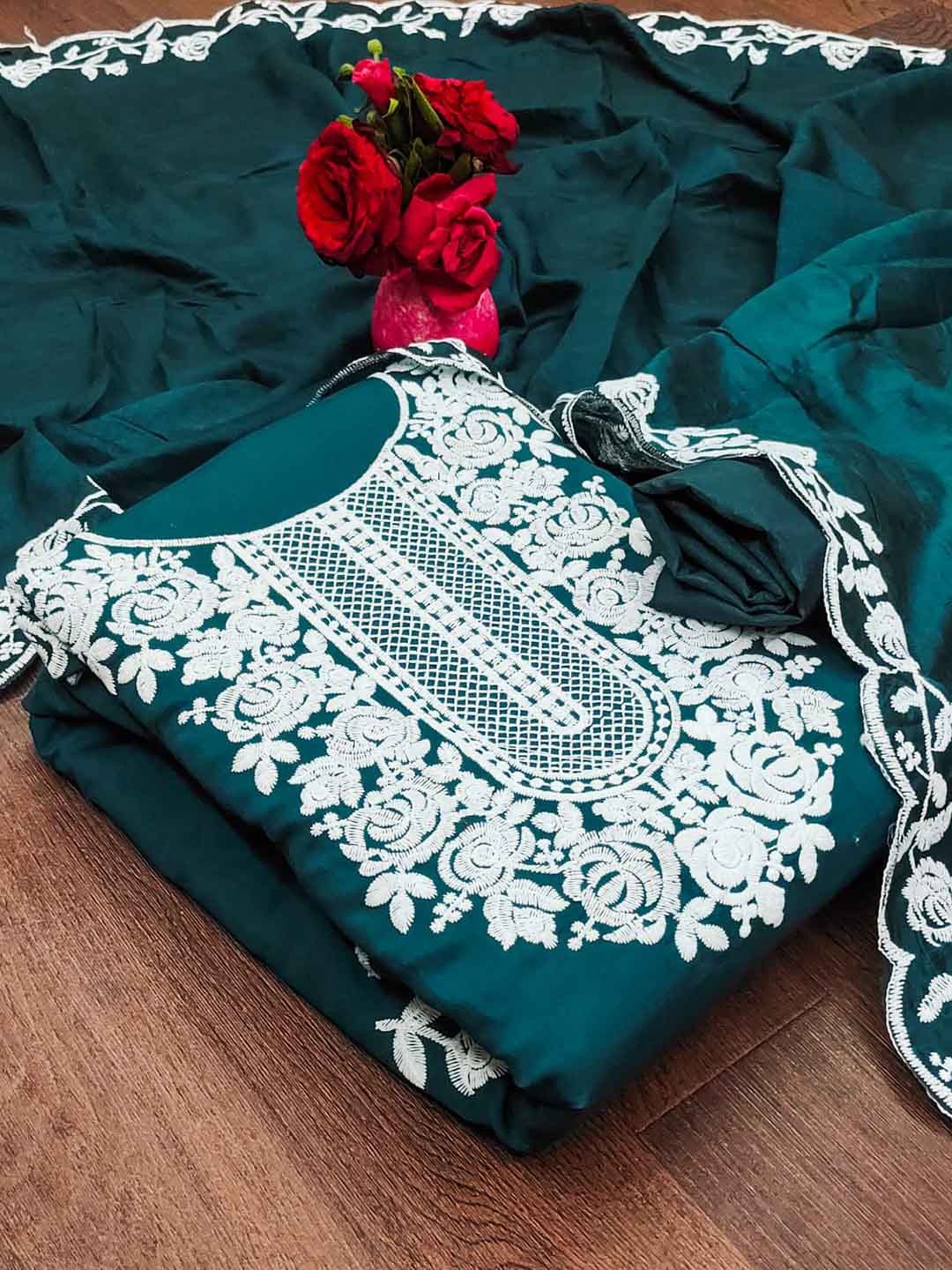 

LeeliPeeri Designer Floral Embroidered Unstitched Dress Material, Teal