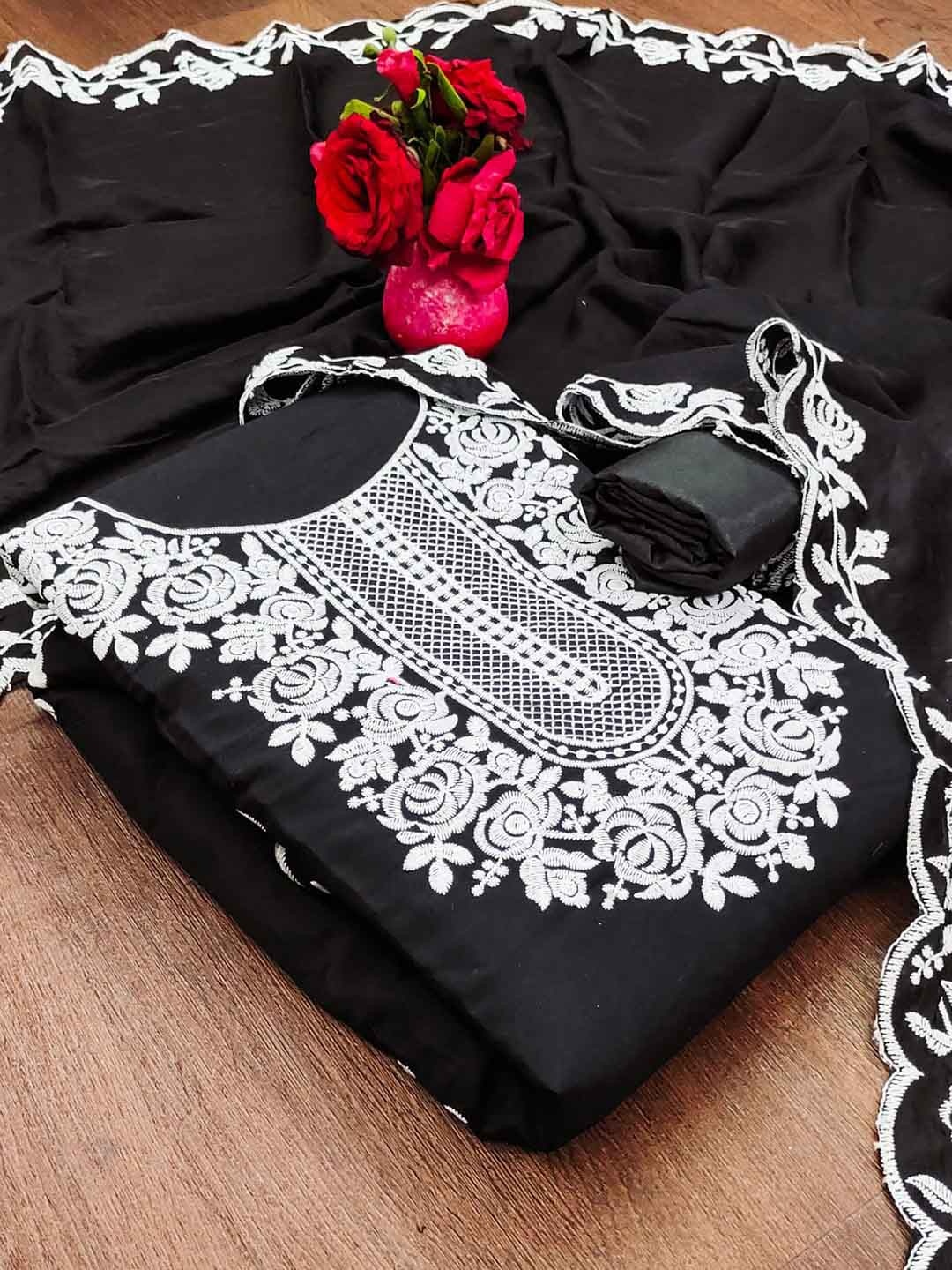 

LeeliPeeri Designer Floral Embroidered Unstitched Dress Material, Black