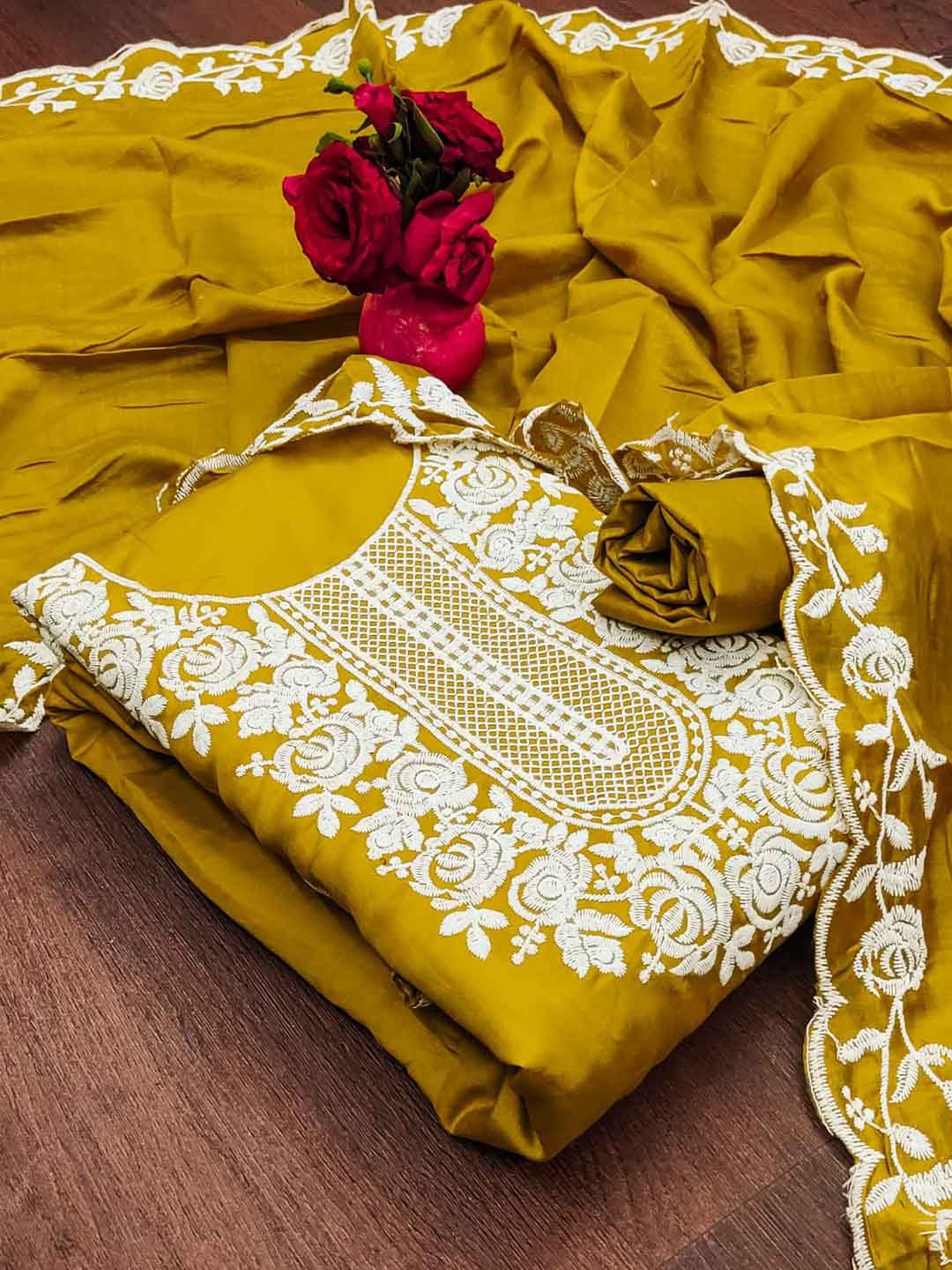 

LeeliPeeri Designer Floral Embroidered Unstitched Dress Material, Yellow