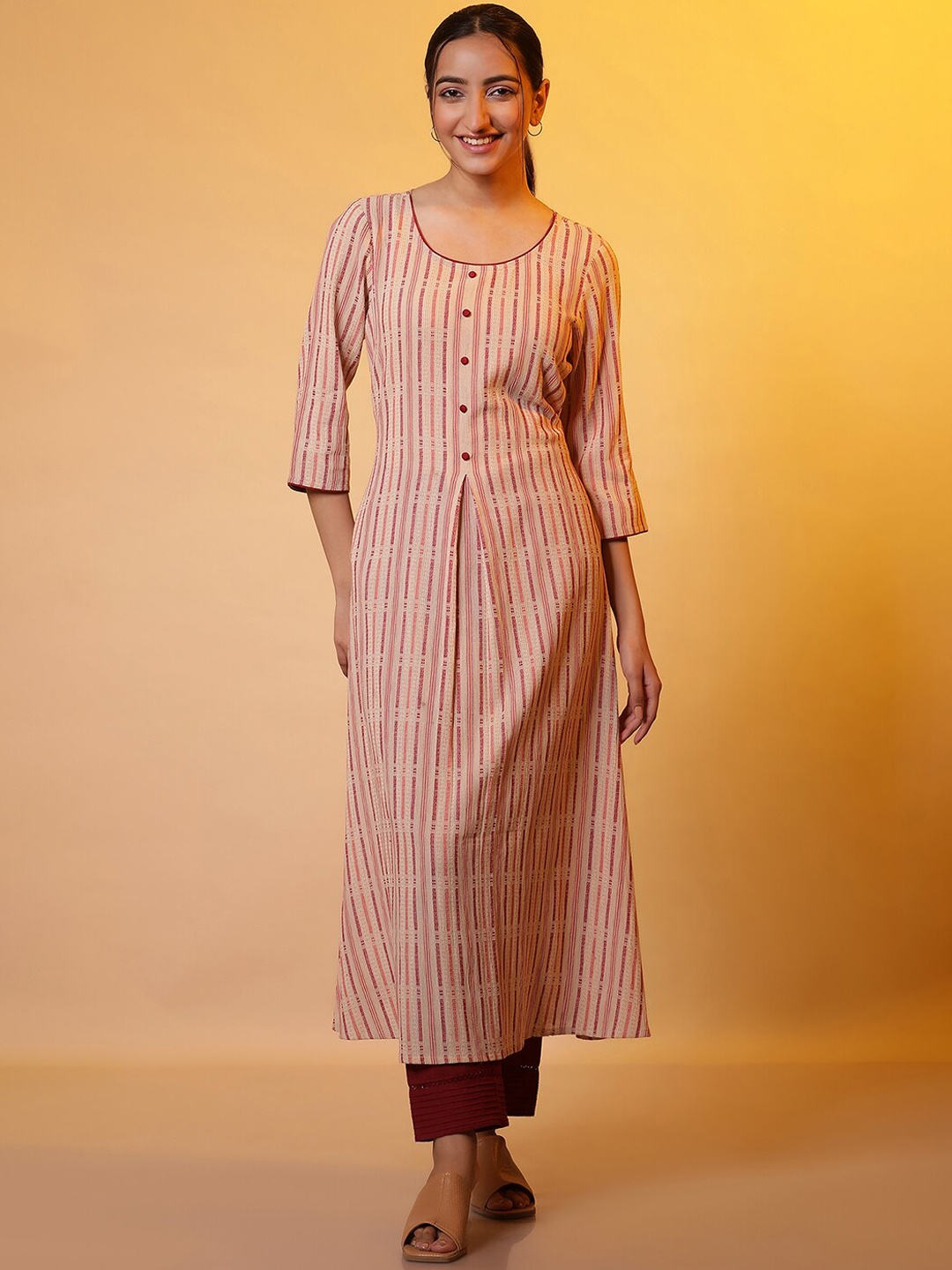 

AURELIA Striped Printed Scoop Neck Cotton A-Line Kurta, Beige