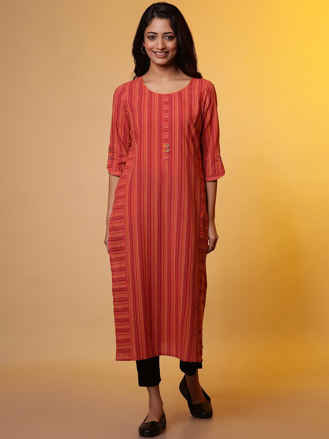 

AURELIA round Neck Three-quarter sleeves Striped Cotton Kurta, Orange