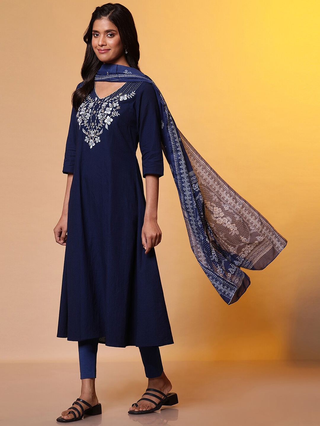 

AURELIA V-neck Three Quarter Sleeves Striped Thread Work Cotton Kurta, Blue