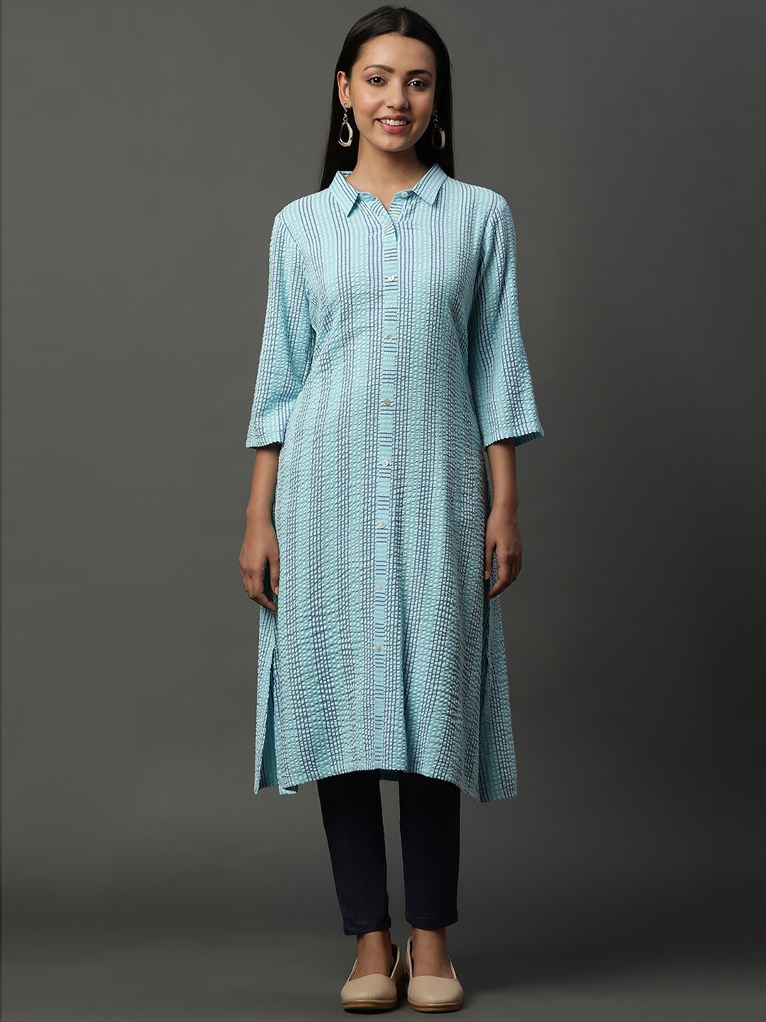 

AURELIA Striped Shirt Collar A-Line Kurta, Blue