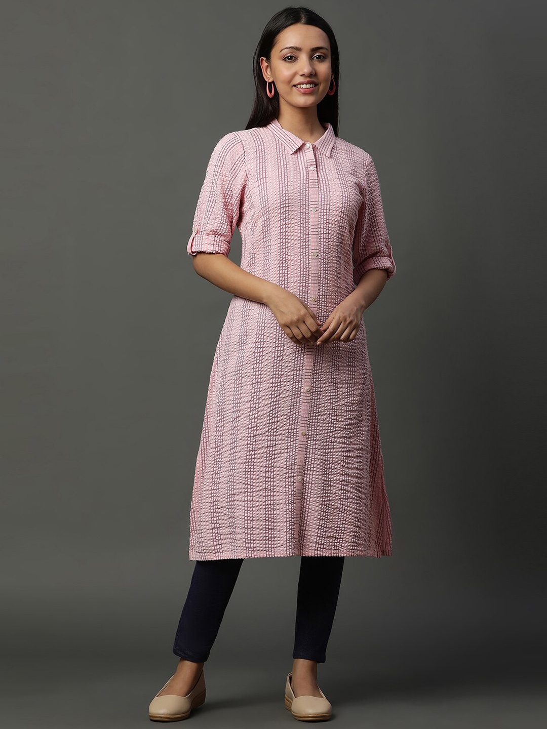 

AURELIA Striped Shirt Collar Roll-Up Sleeves A-Line Kurta, Pink