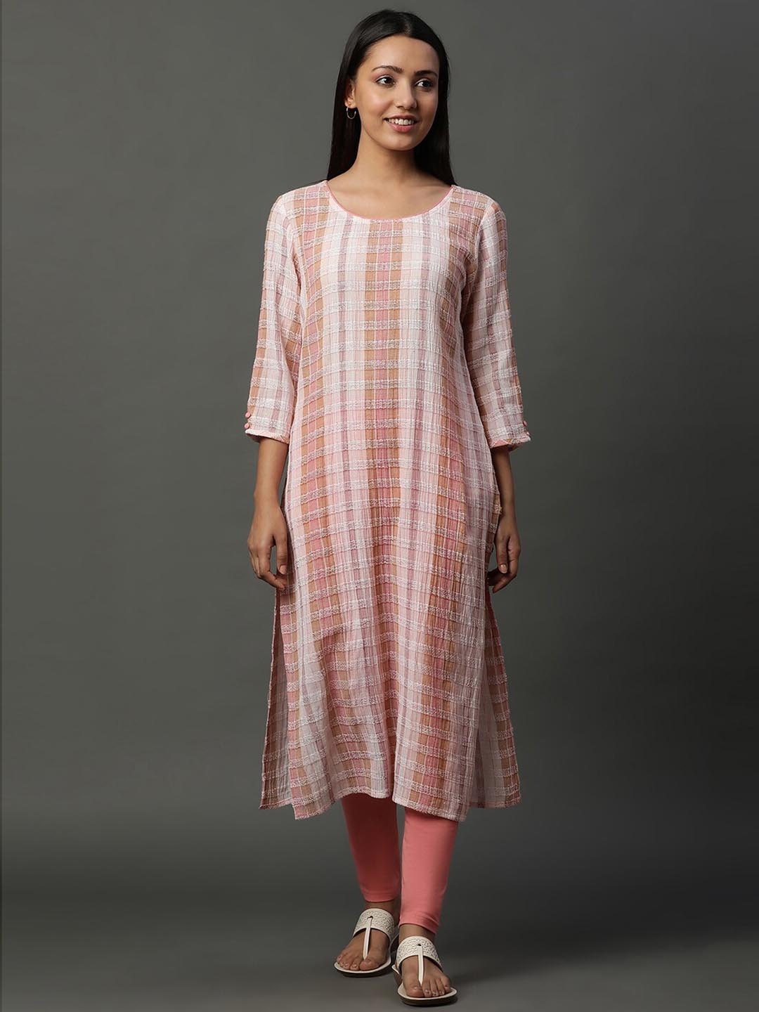 

AURELIA Round Neck Three Quarter Sleeves Geometric Striped Kurta, Pink