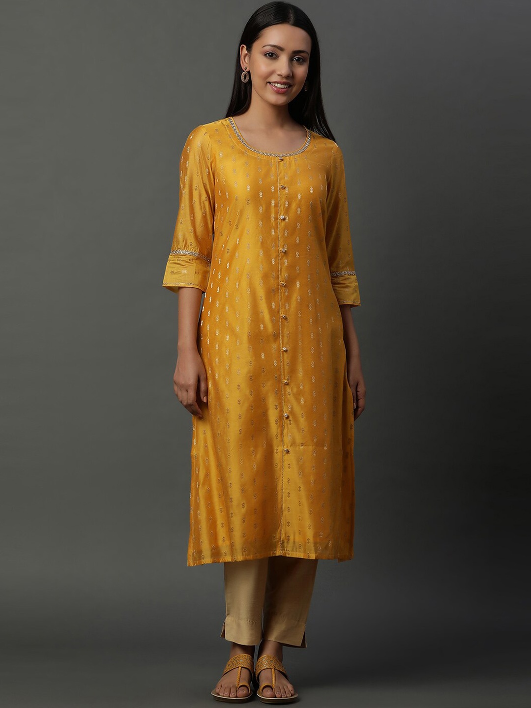 

AURELIA Ethnic Motifs Printed Round Neck Straight Kurta, Yellow