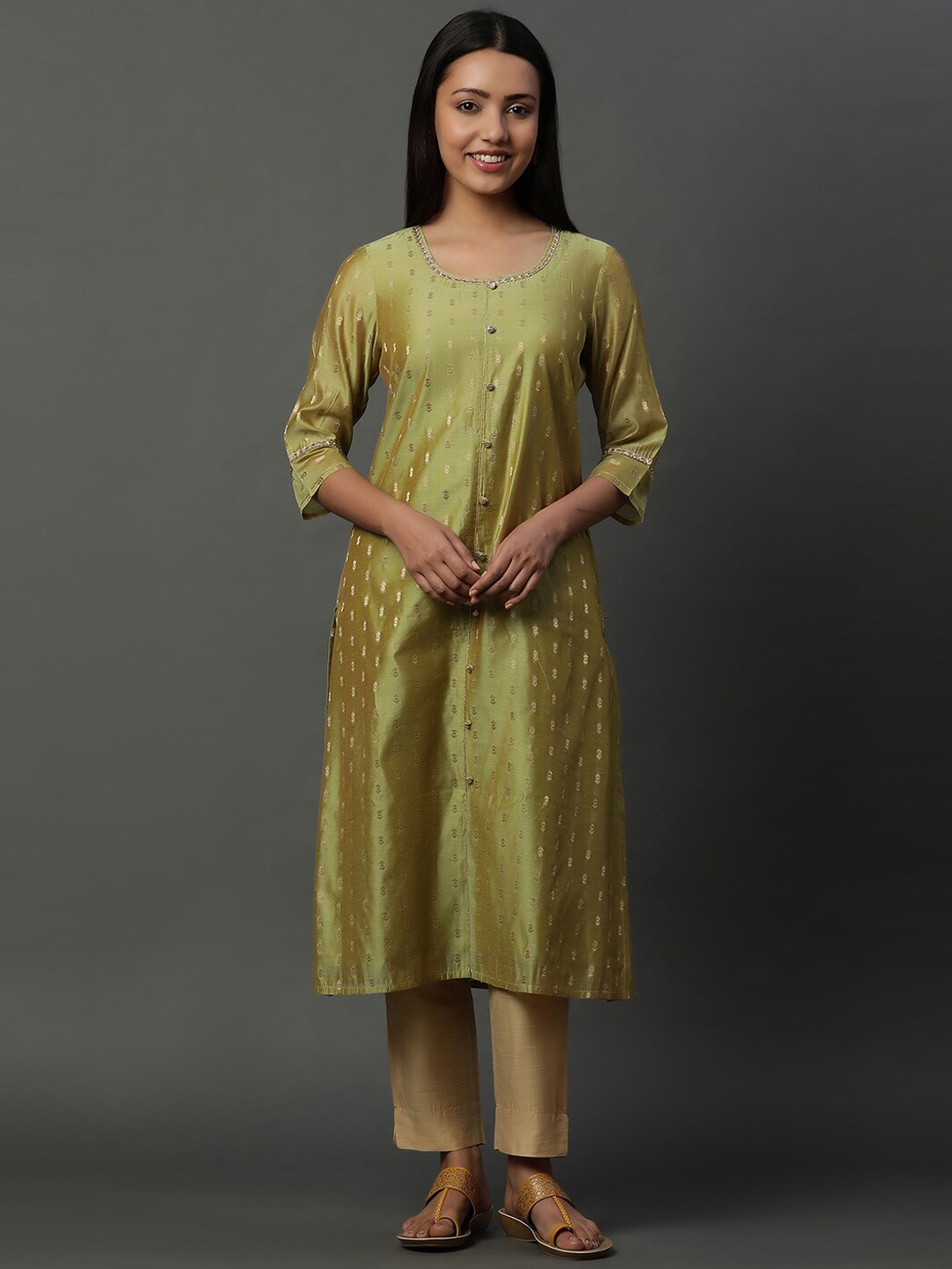 

AURELIA Round Neck Woven Design Gotta Patti Straight Kurta, Green