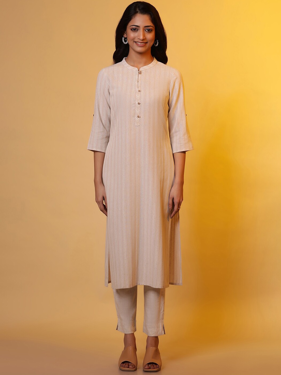 

AURELIA Striped Band Collar Regular Sleeves Straight Kurta, Beige