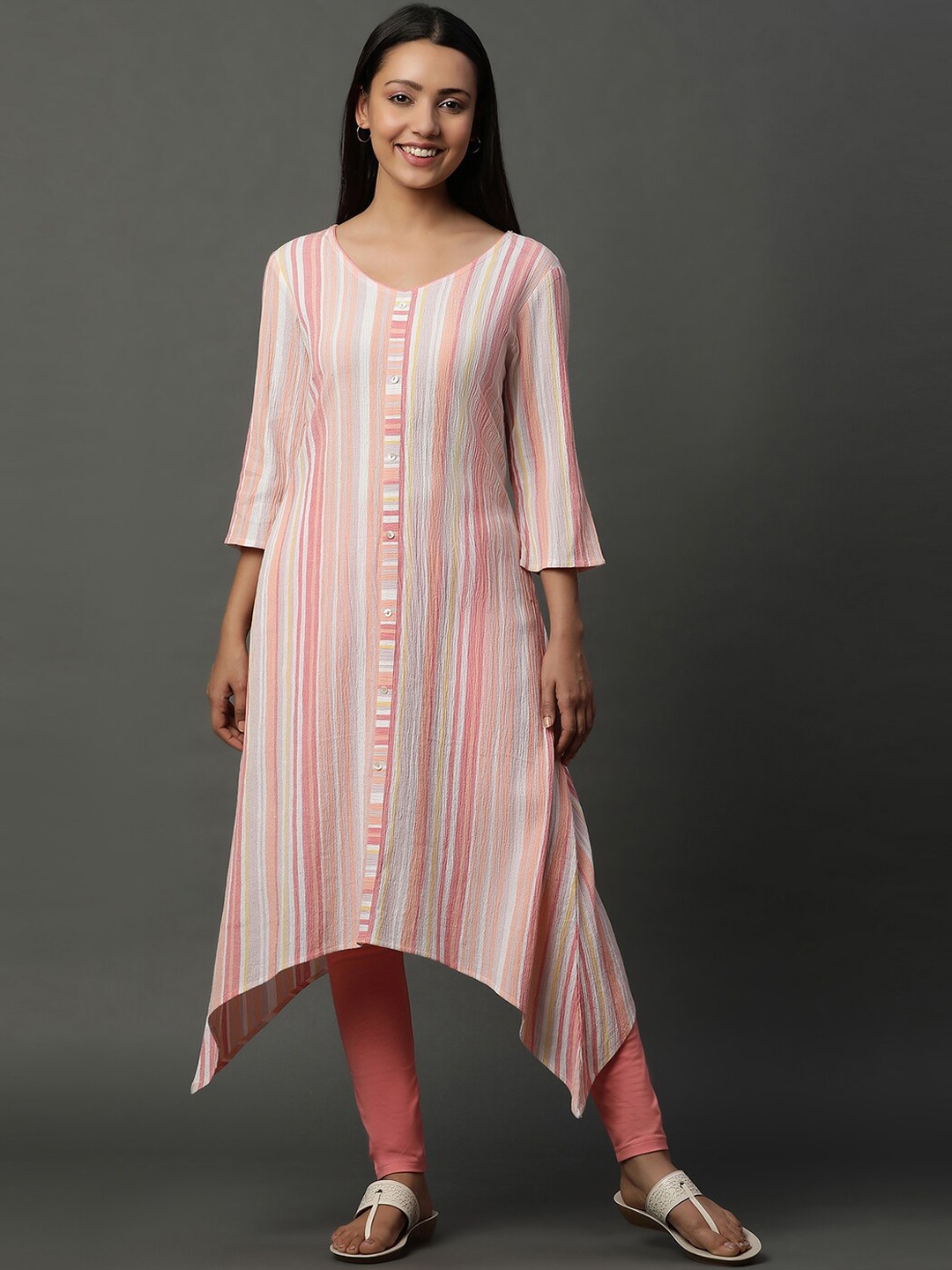 

AURELIA Striped Flared Sleeves Thread Work A-Line Cotton Kurta, Pink