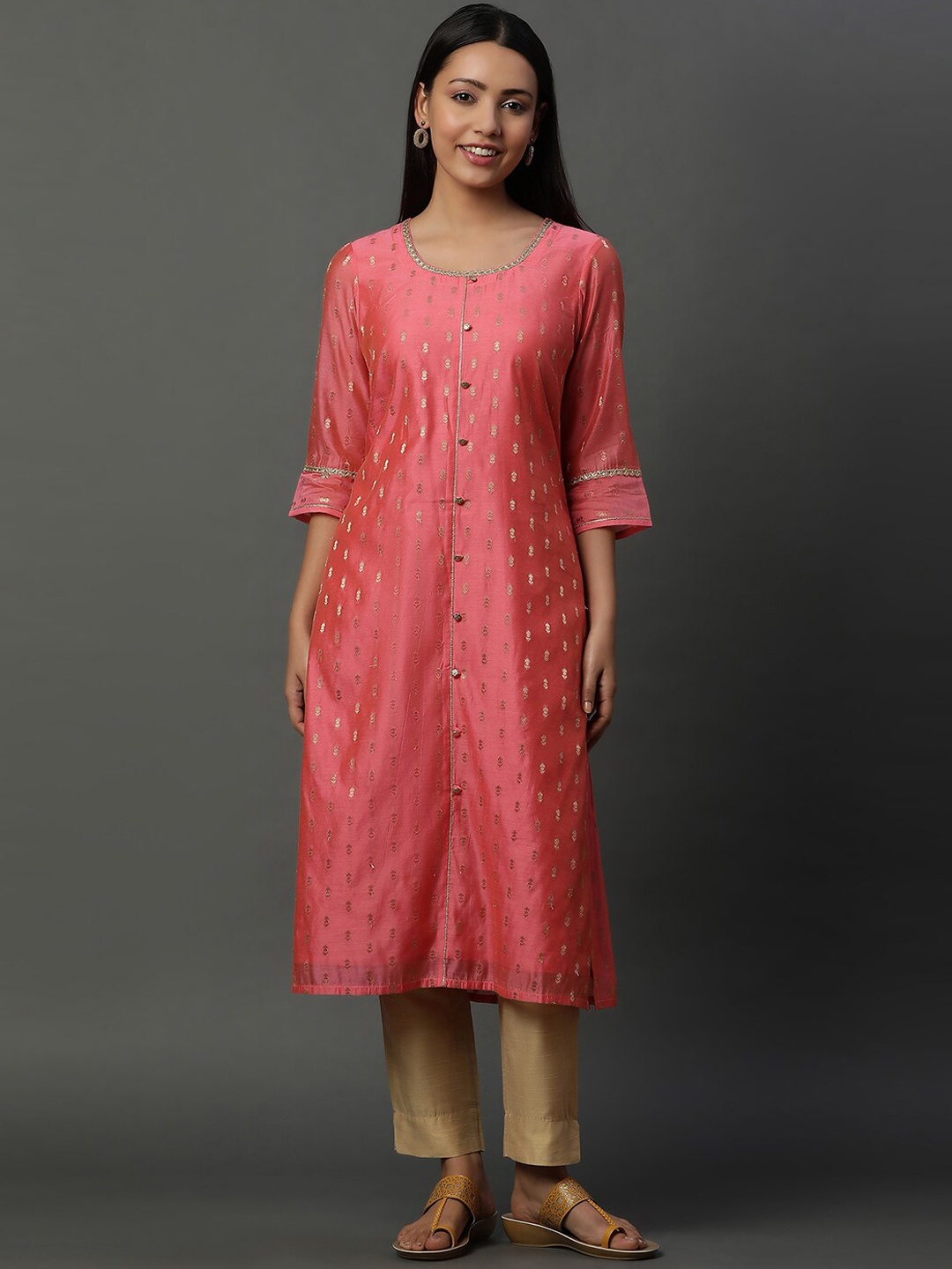 

AURELIA Round Neck Woven Design Gotta Patti Straight Kurta, Pink
