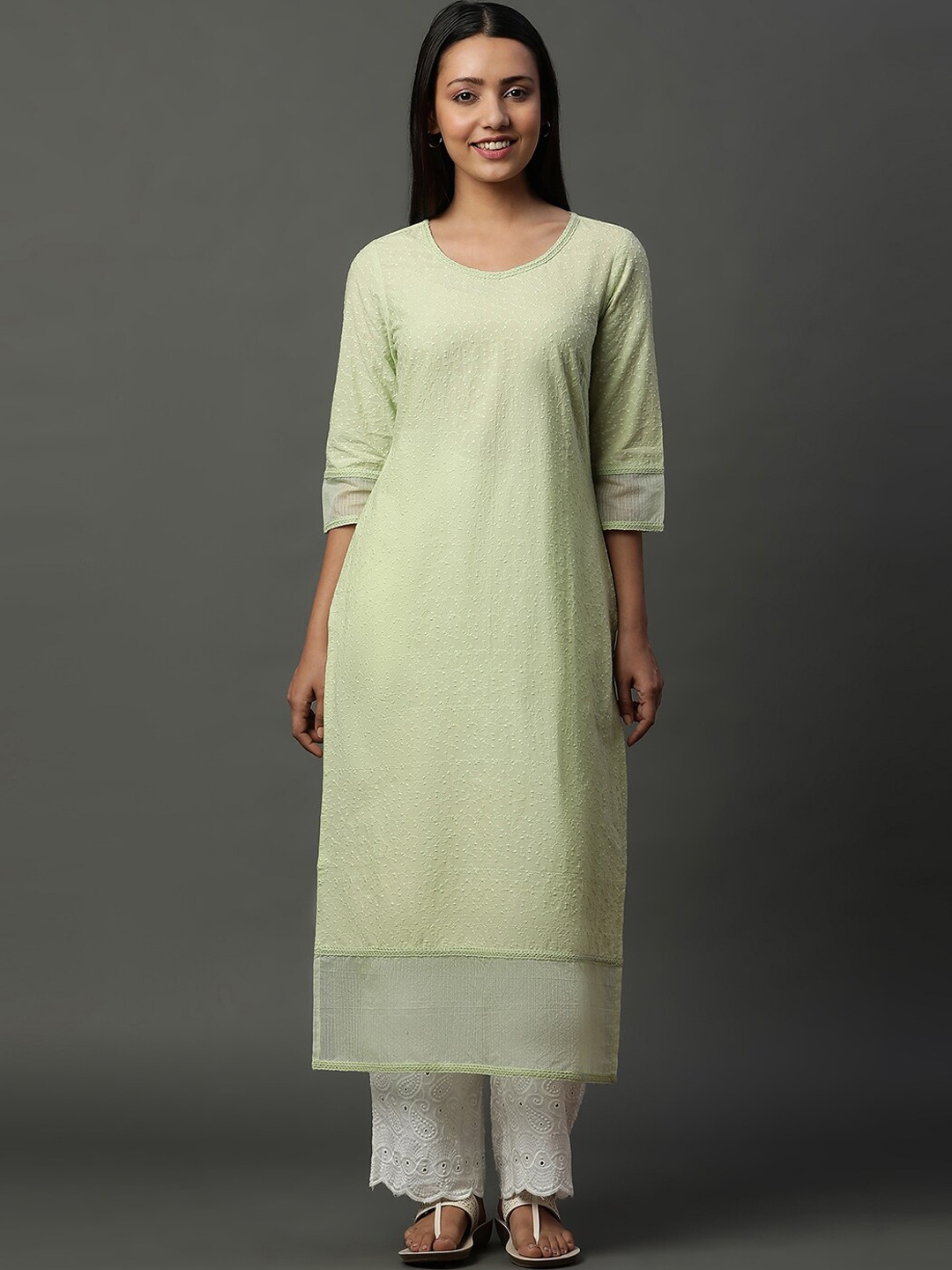 

AURELIA Floral Embroidered Scoop Neck Cotton Straight Kurta, Green