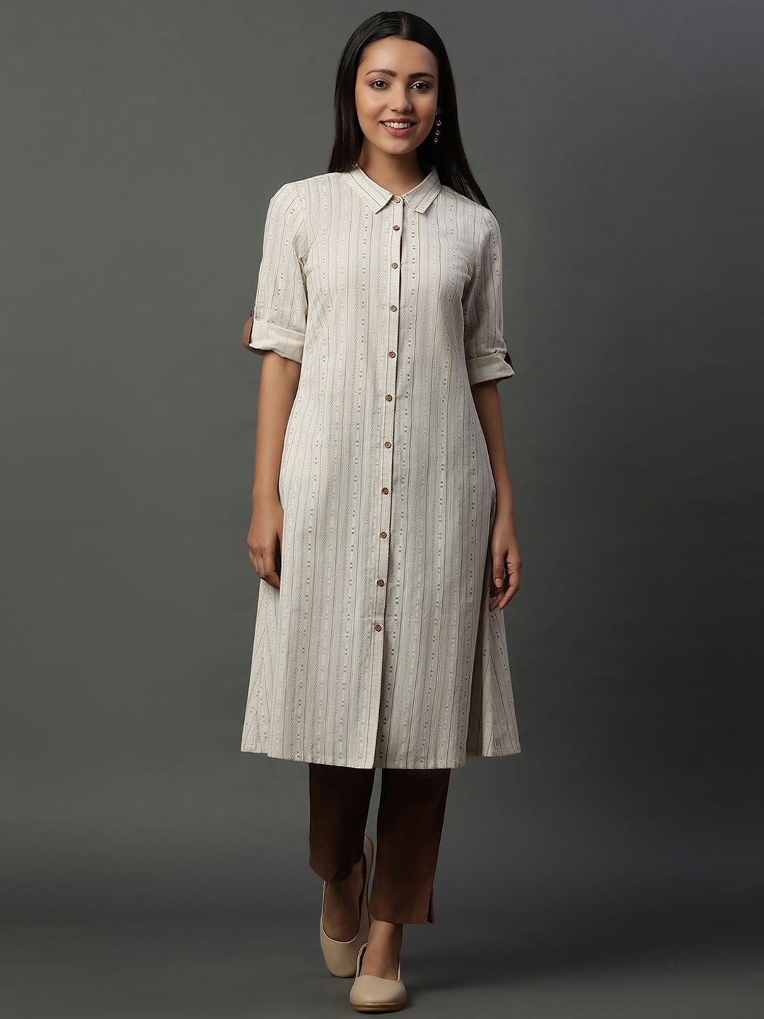 

AURELIA Striped Shirt Collar Roll-Up Sleeves A-Line Kurta, Off white