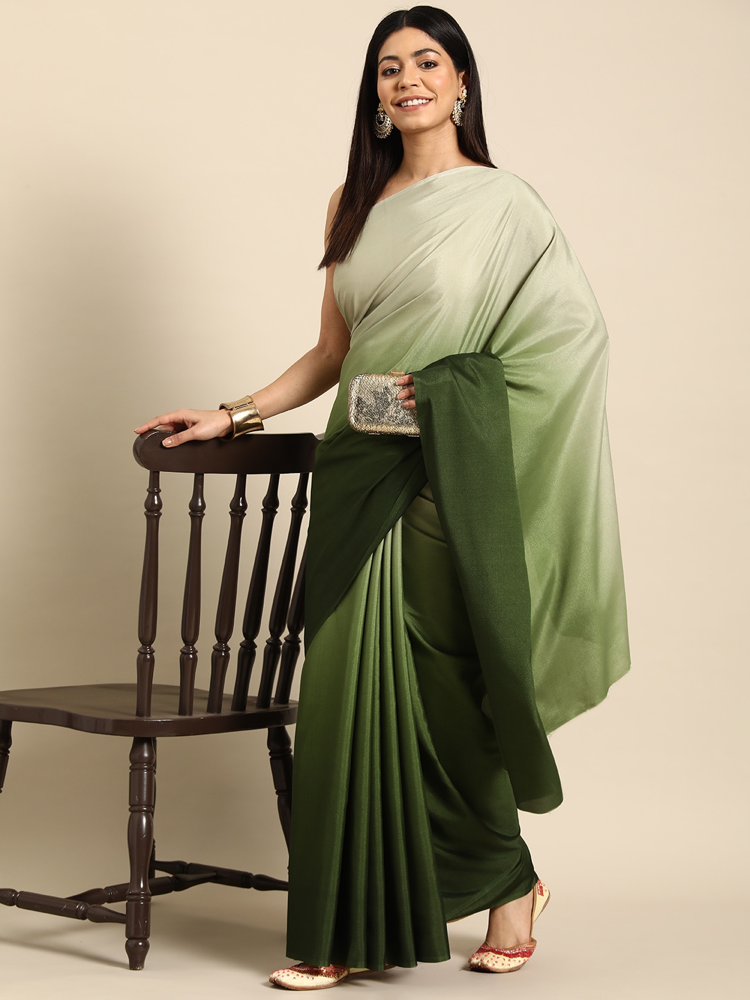 

HERE&NOW Ombre Lycra Saree, Green