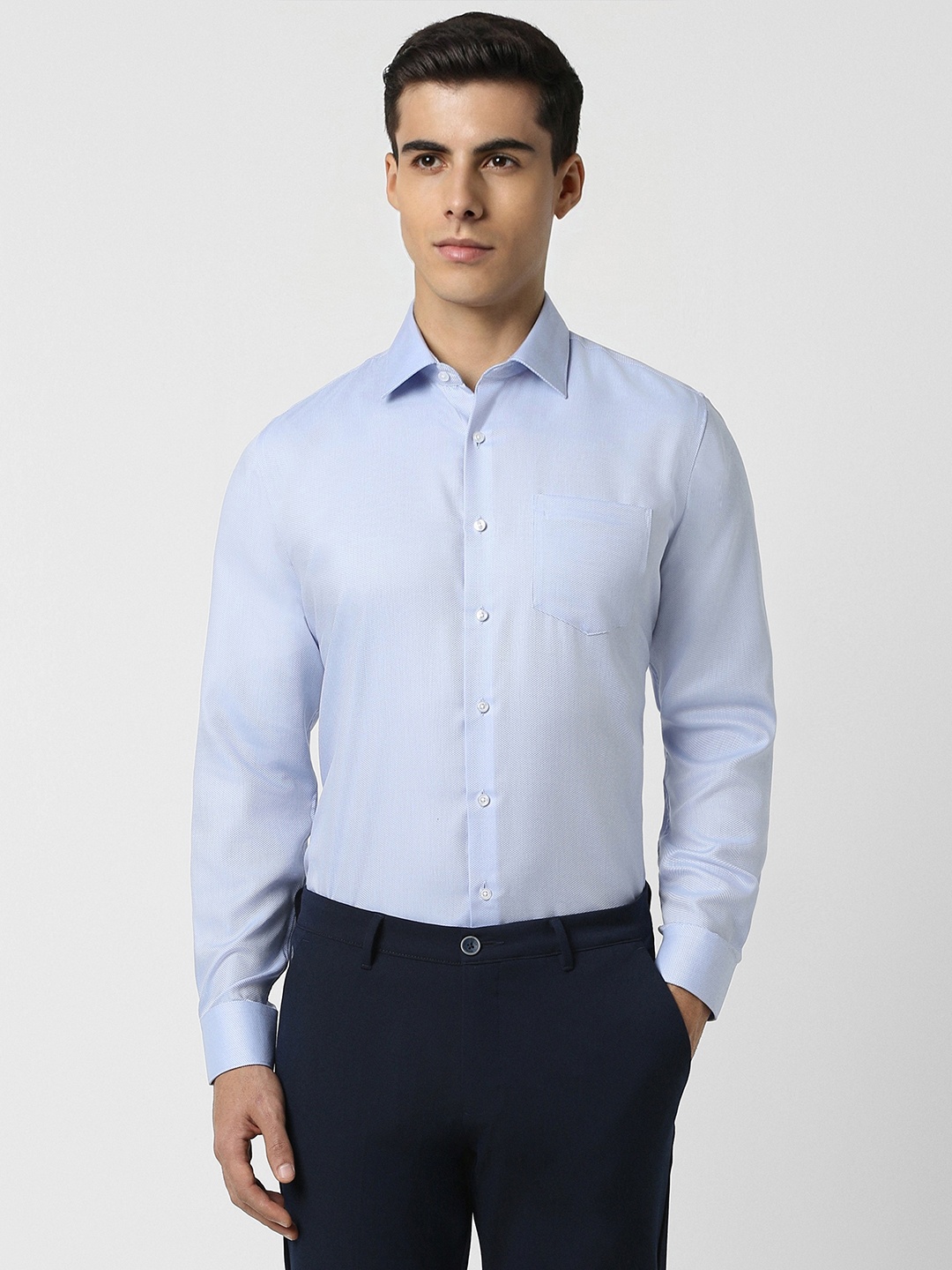 

Van Heusen Slim Fit Textured Self Design Long Sleeves Cotton Formal Shirt, Blue