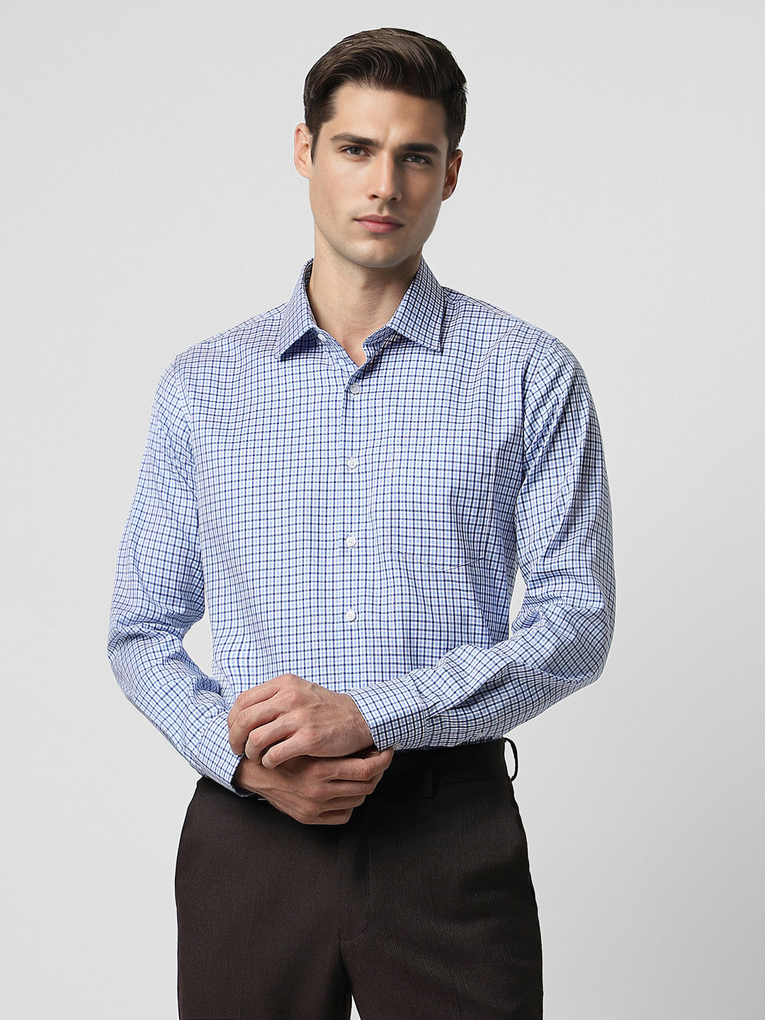 

Van Heusen Slim Fit Checked Spread Collar Pure Cotton Formal Shirt, Blue