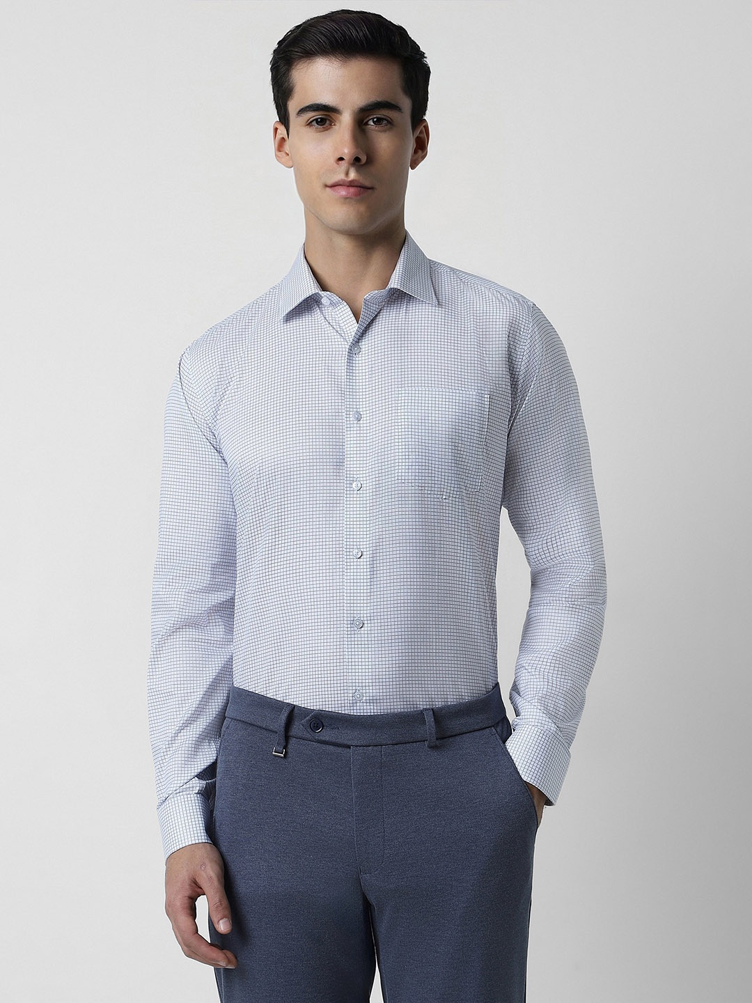 

Van Heusen Slim Fit Checked Spread Collar Long Sleeves Cotton Formal Shirt, Blue