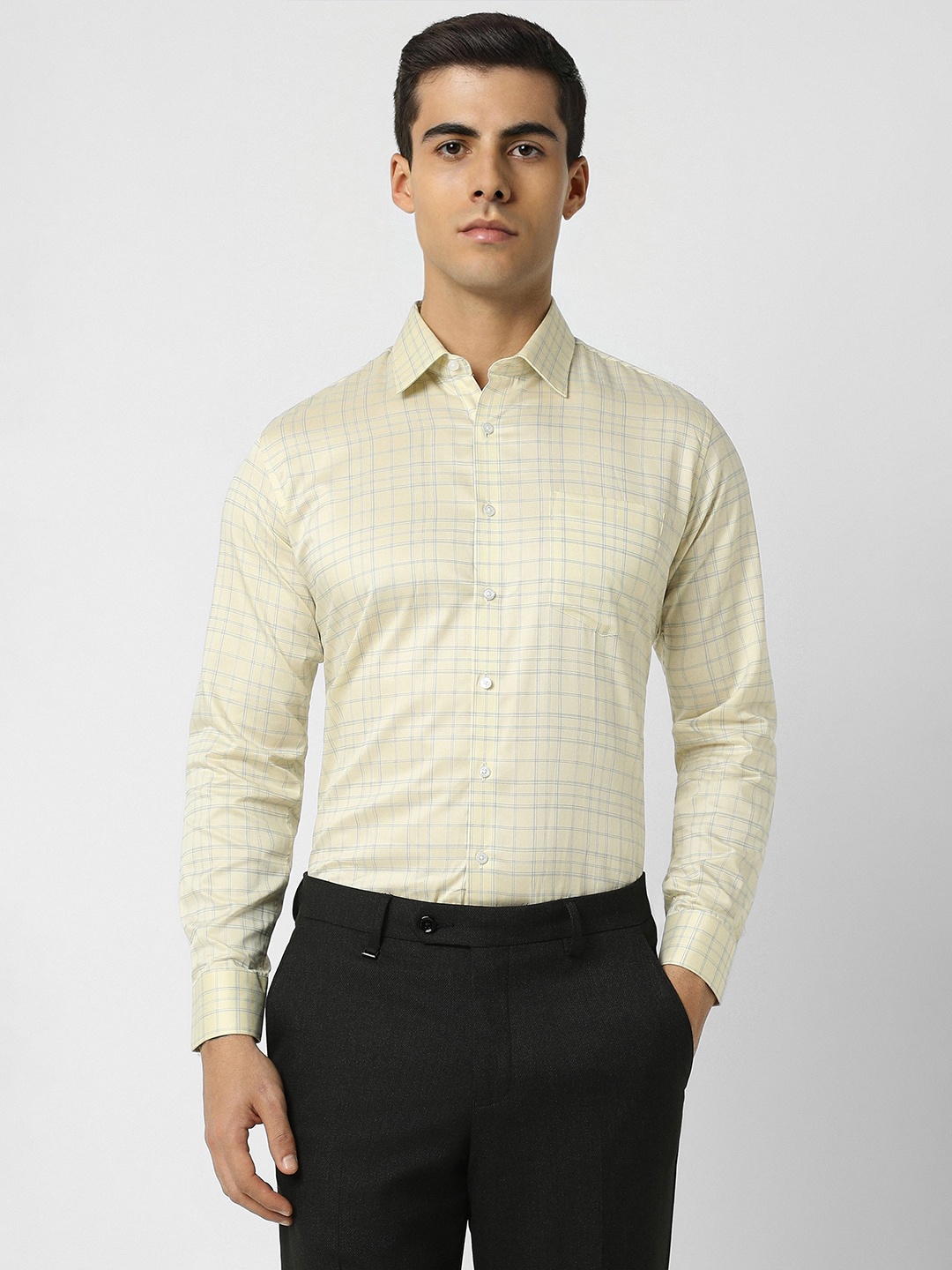 

Van Heusen Slim Fit Checked Spread Collar Pure Cotton Formal Shirt, Yellow