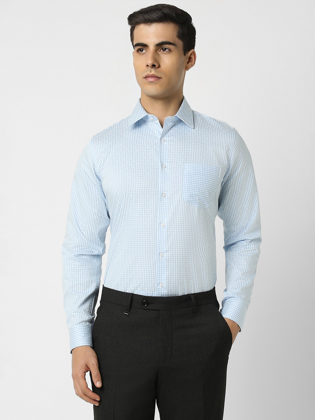 

Van Heusen Slim Fit Spread Collar Checked Pure Cotton Formal Shirt, Blue