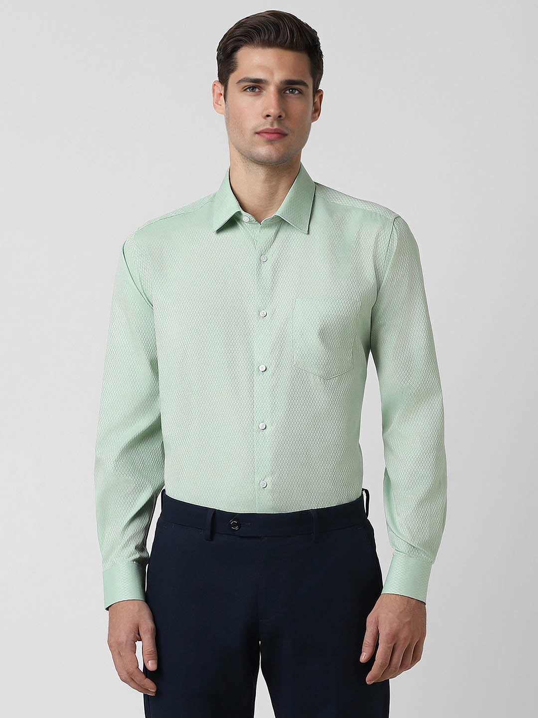 

Van Heusen Self Design Textured Regular Fit Spread Collar Pure Cotton Party Shirt, Green