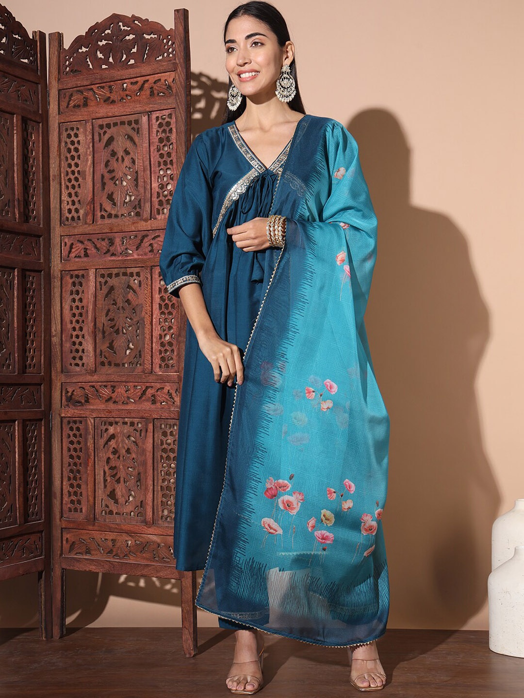 

GUFRINA Floral Embroidered Empire Sequinned Pure Silk Kurta with Trousers & Dupatta, Teal