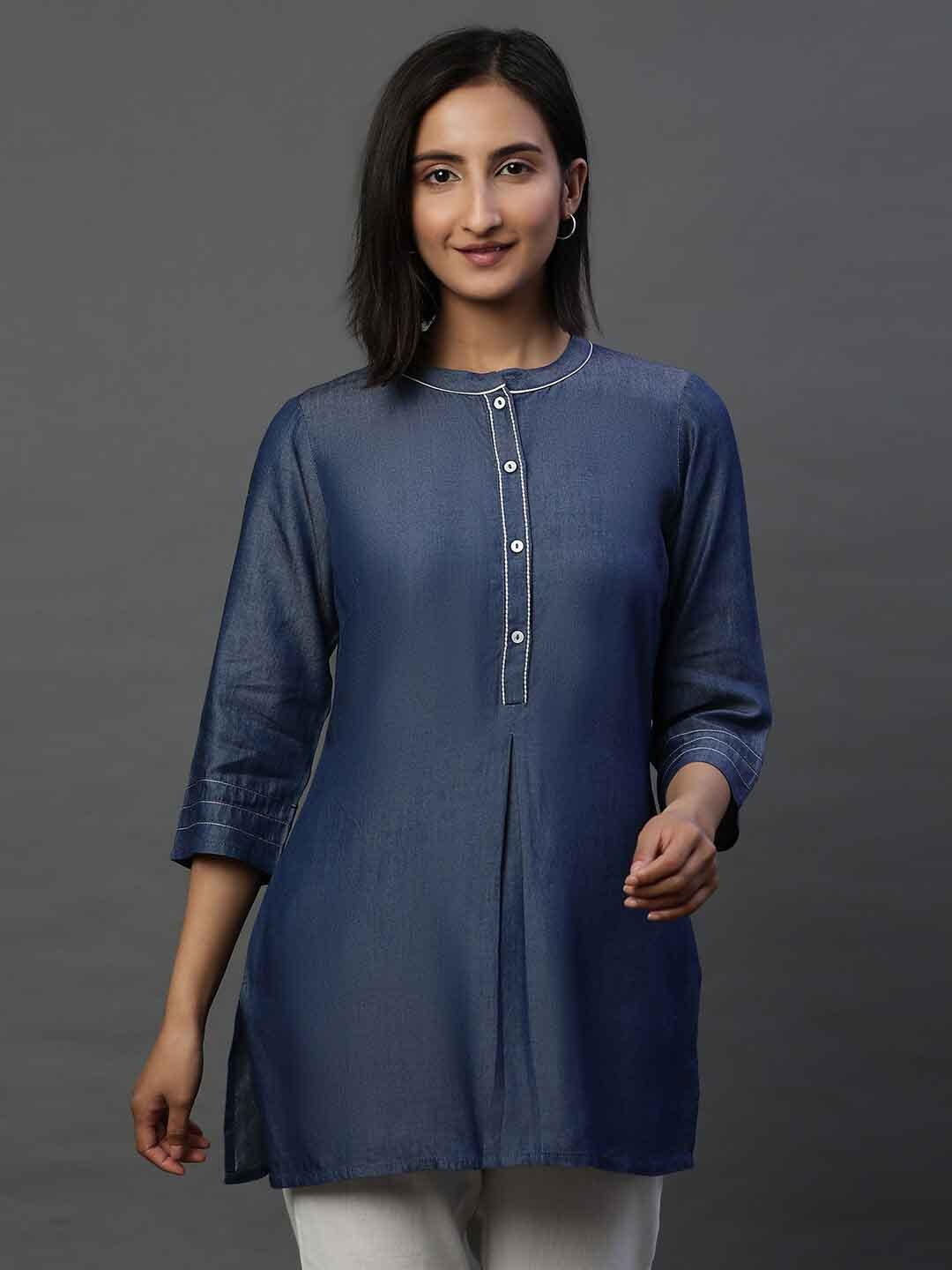 

AURELIA Mandarin Collar Kurti, Blue